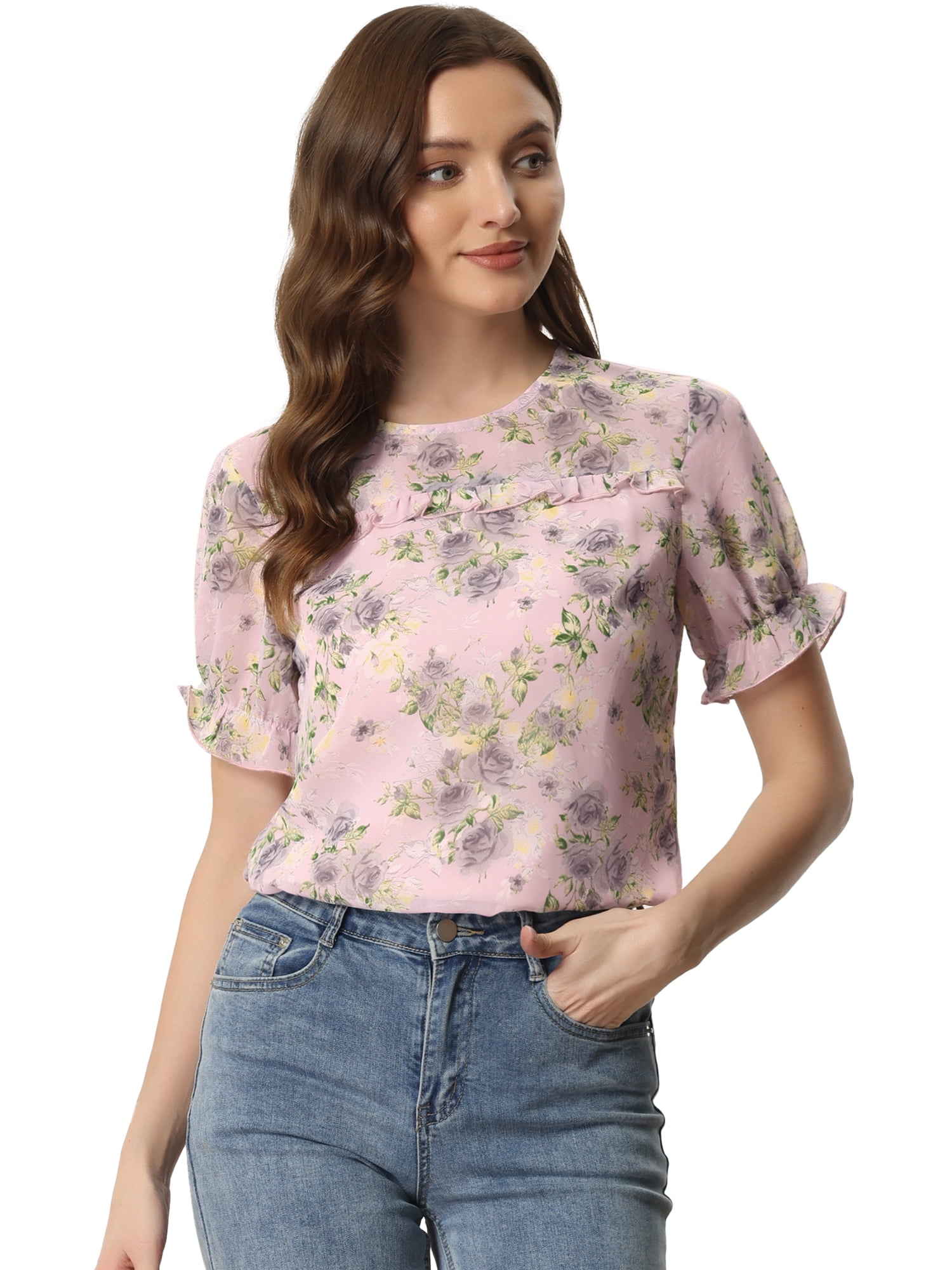 DARING DIVA Chiffon Ruffled Trim Floral Blouse Top S Pink Grey