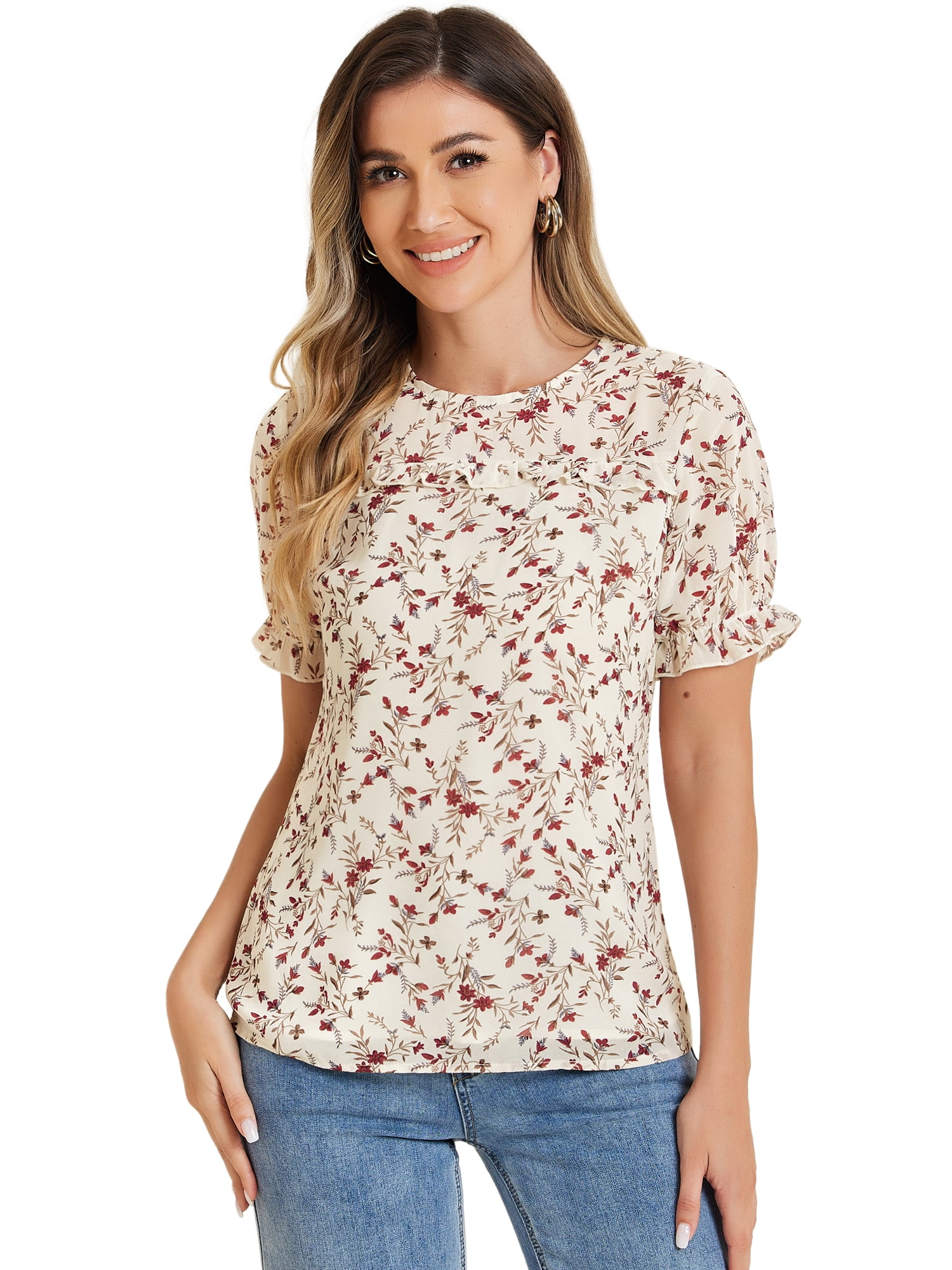 DARING DIVA Chiffon Ruffled Trim Floral Blouse Top XL White Red