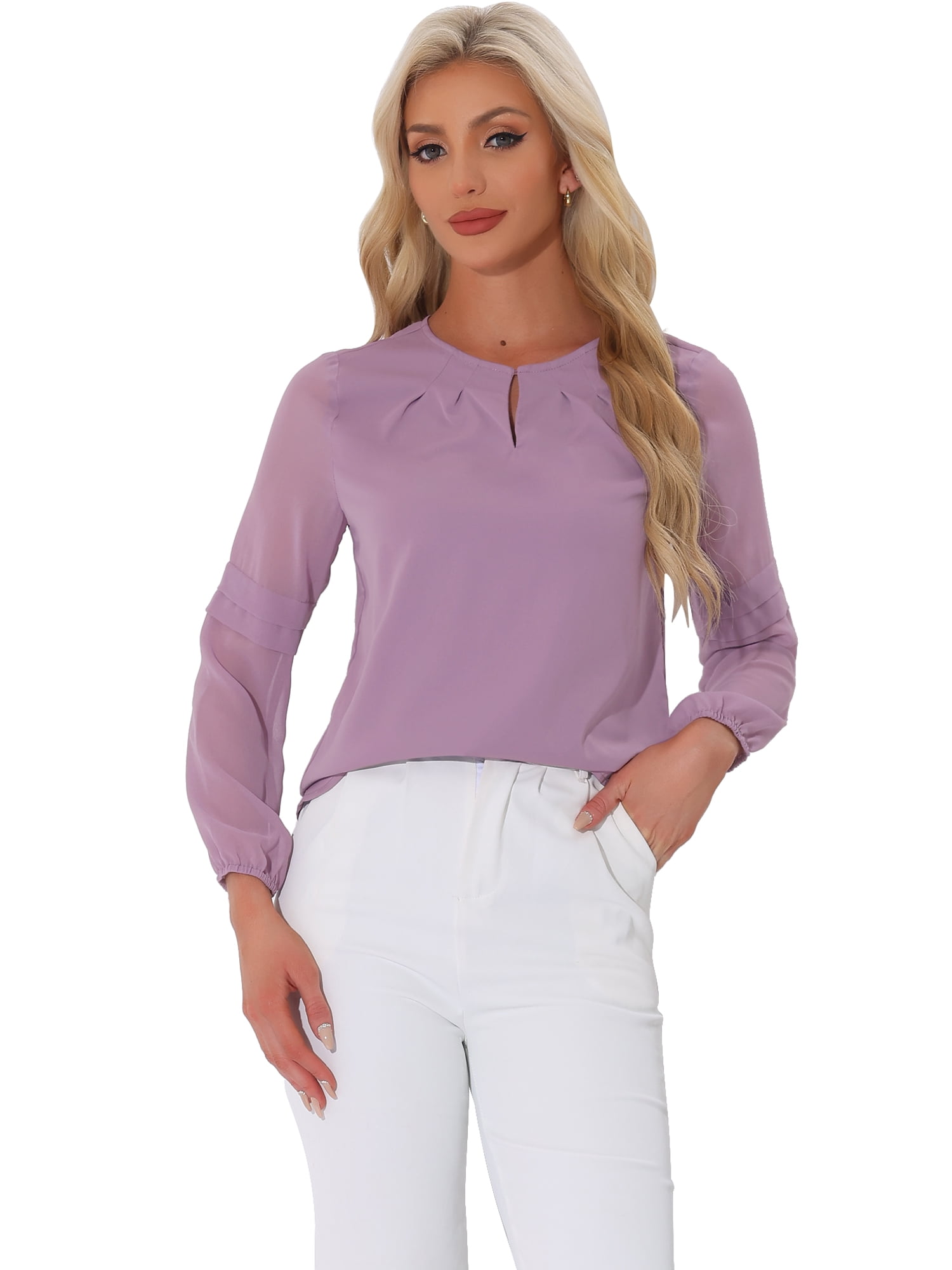 DARING DIVA Chiffon Semi Sheer Long Sleeves Blouses S Dark Purple