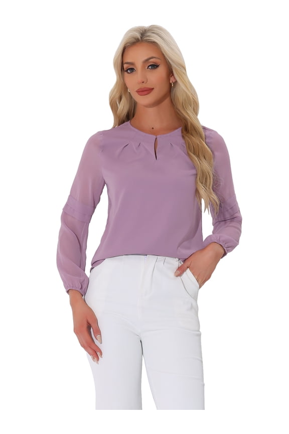 Chiffon Semi Sheer Long Sleeves Blouses S Dark Purple