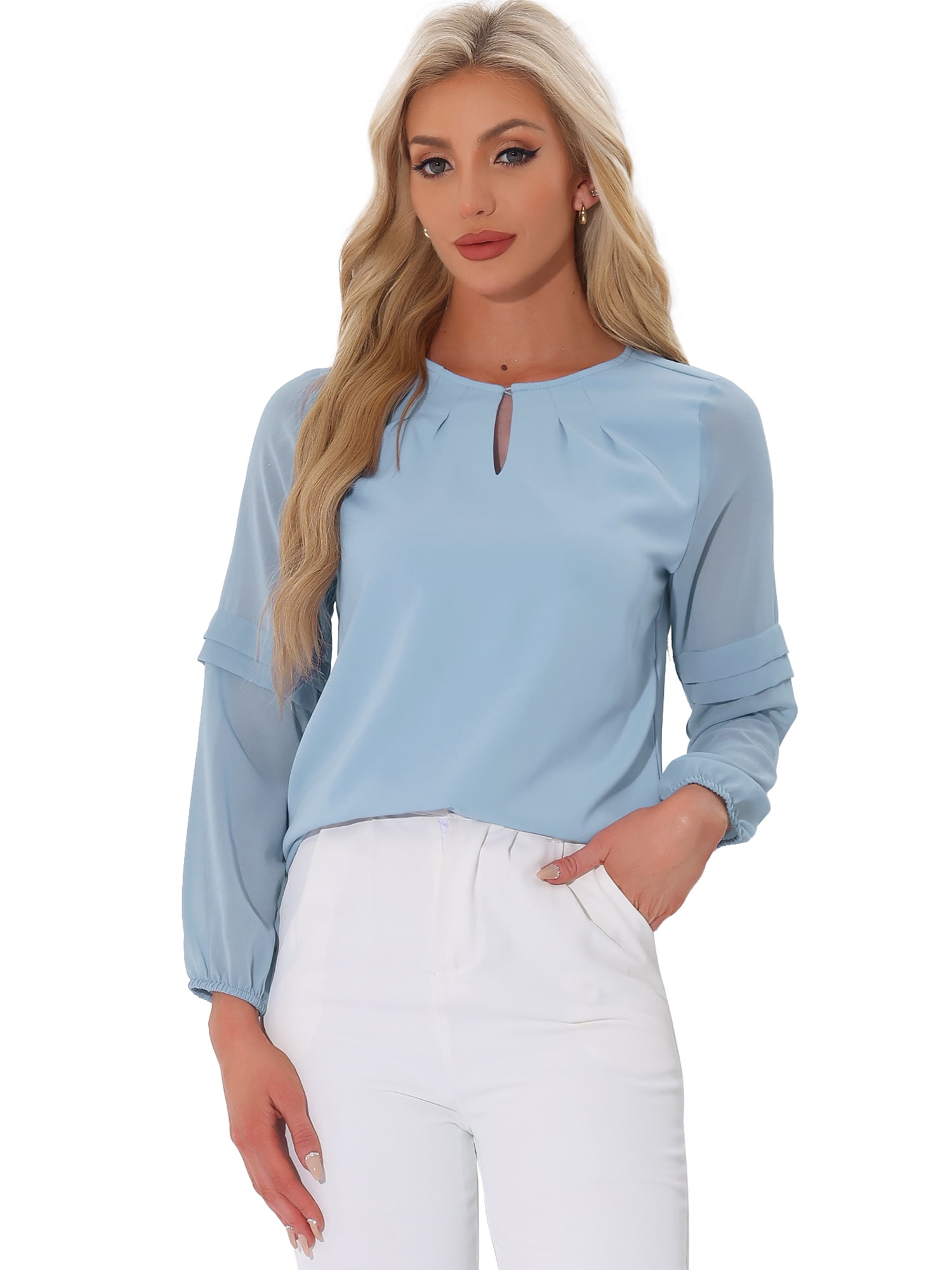 DARING DIVA Chiffon Semi Sheer Long Sleeves Blouses S Grey Blue