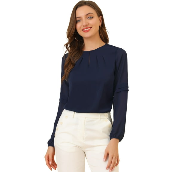 DARING DIVA Chiffon Semi Sheer Long Sleeves Keyhole Neck Blouse 2XL Dark Blue