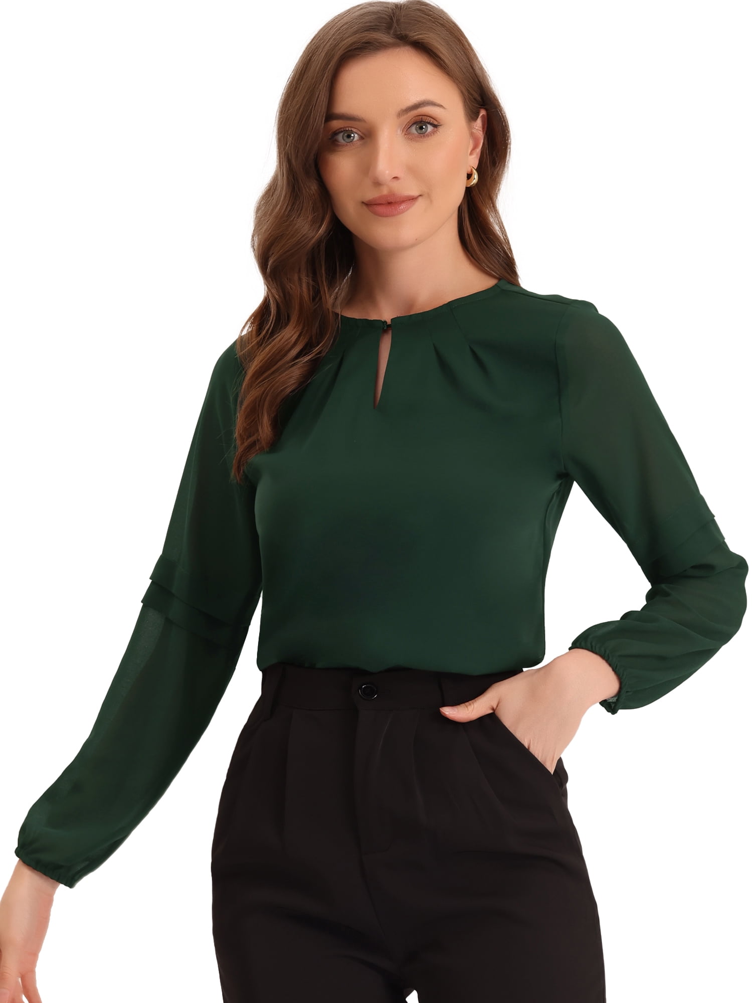 DARING DIVA Chiffon Semi Sheer Long Sleeves Keyhole Neck Blouse L Army Green