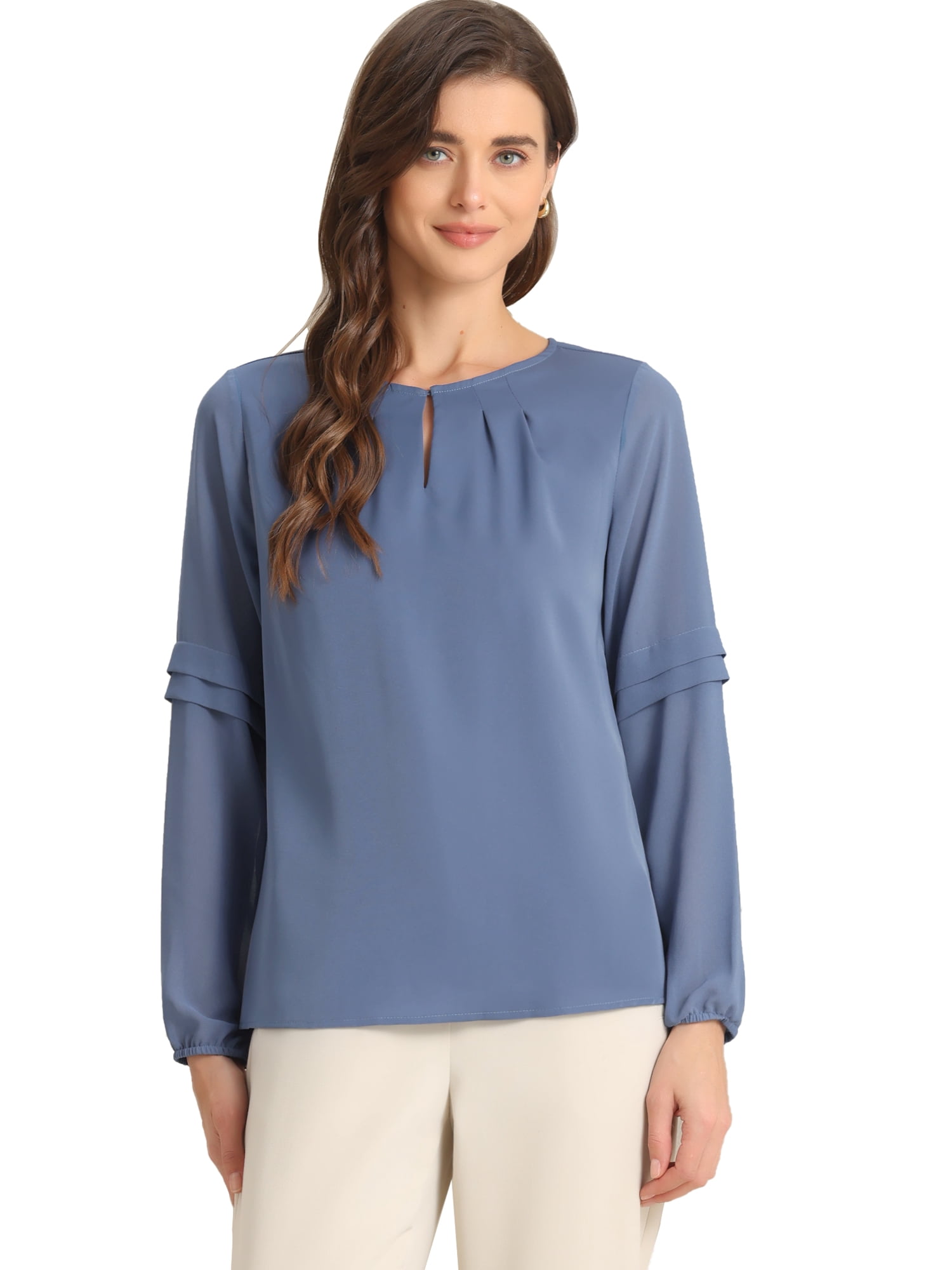 DARING DIVA Chiffon Semi Sheer Long Sleeves Keyhole Neck Blouse L Blue