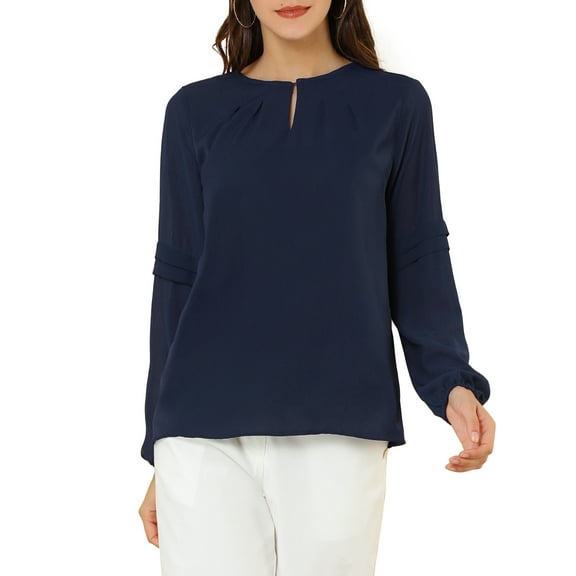 DARING DIVA Chiffon Semi Sheer Long Sleeves Keyhole Neck Blouse L Dark Blue