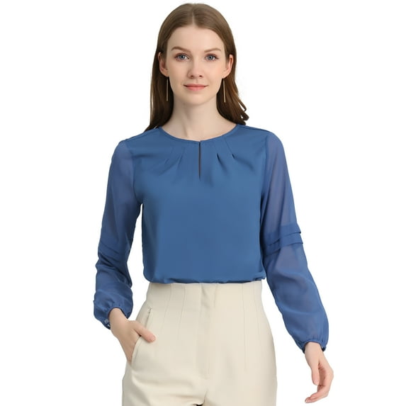 DARING DIVA Chiffon Semi Sheer Long Sleeves Keyhole Neck Blouse L Deep Blue