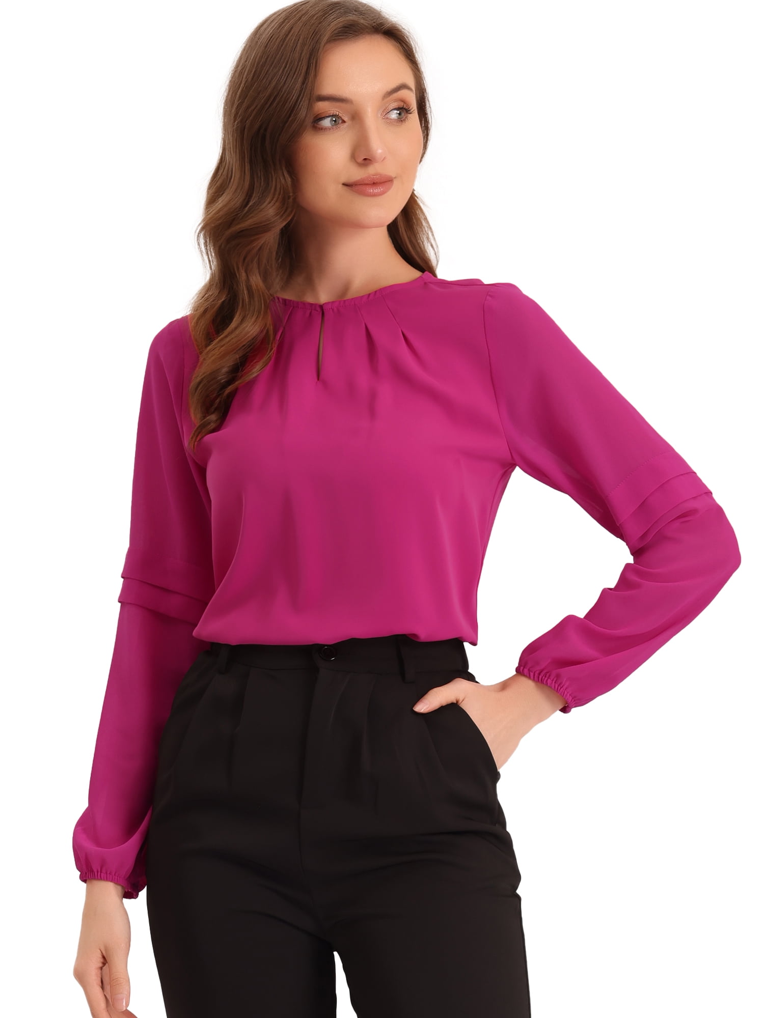 DARING DIVA Chiffon Semi Sheer Long Sleeves Keyhole Neck Blouse L Hot Pink