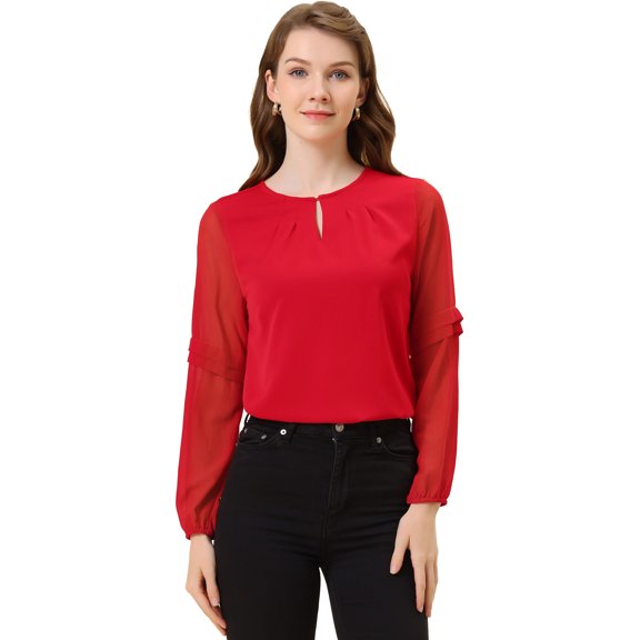 DARING DIVA Chiffon Semi Sheer Long Sleeves Keyhole Neck Blouse L Red