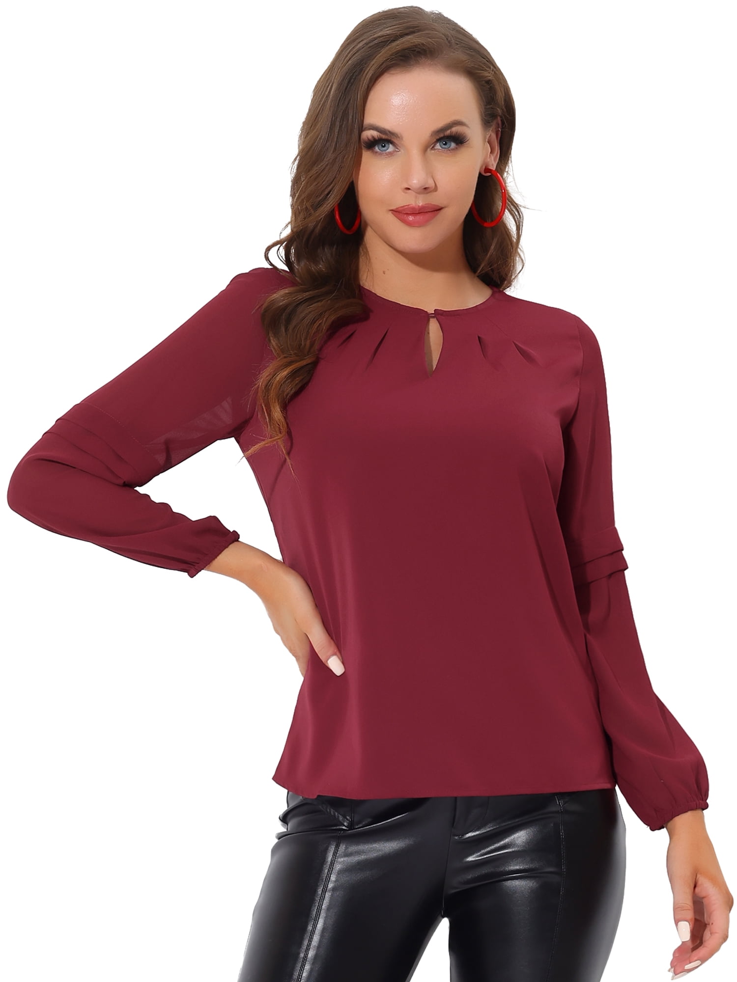 DARING DIVA Chiffon Semi Sheer Long Sleeves Keyhole Neck Blouse L Wine Red