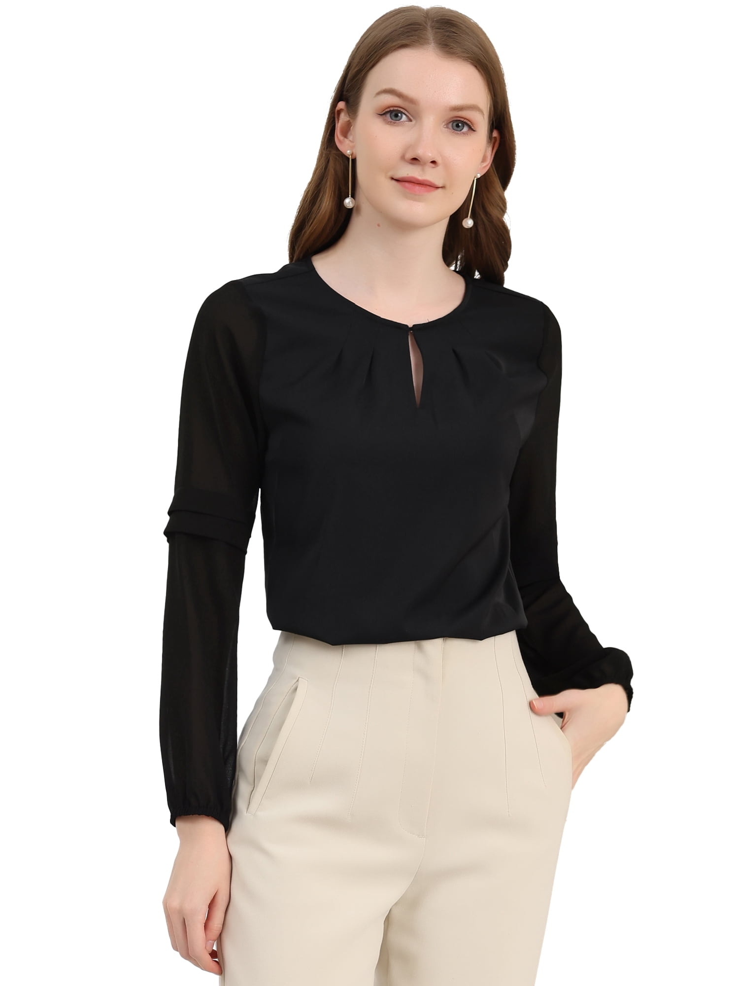 DARING DIVA Chiffon Semi Sheer Long Sleeves Keyhole Neck Blouse M Black