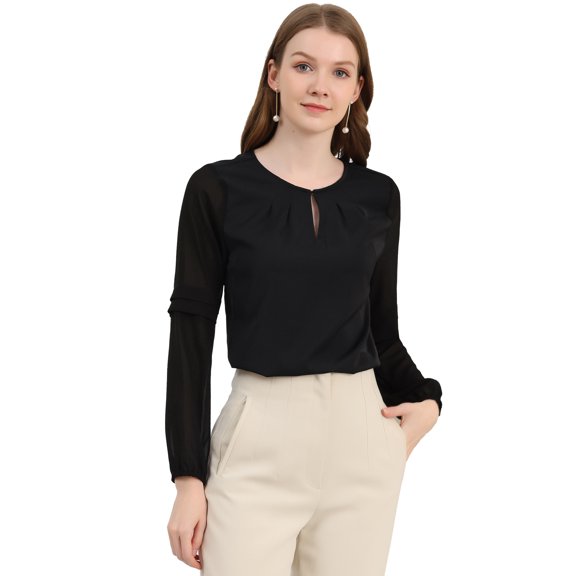 DARING DIVA Chiffon Semi Sheer Long Sleeves Keyhole Neck Blouse M Black