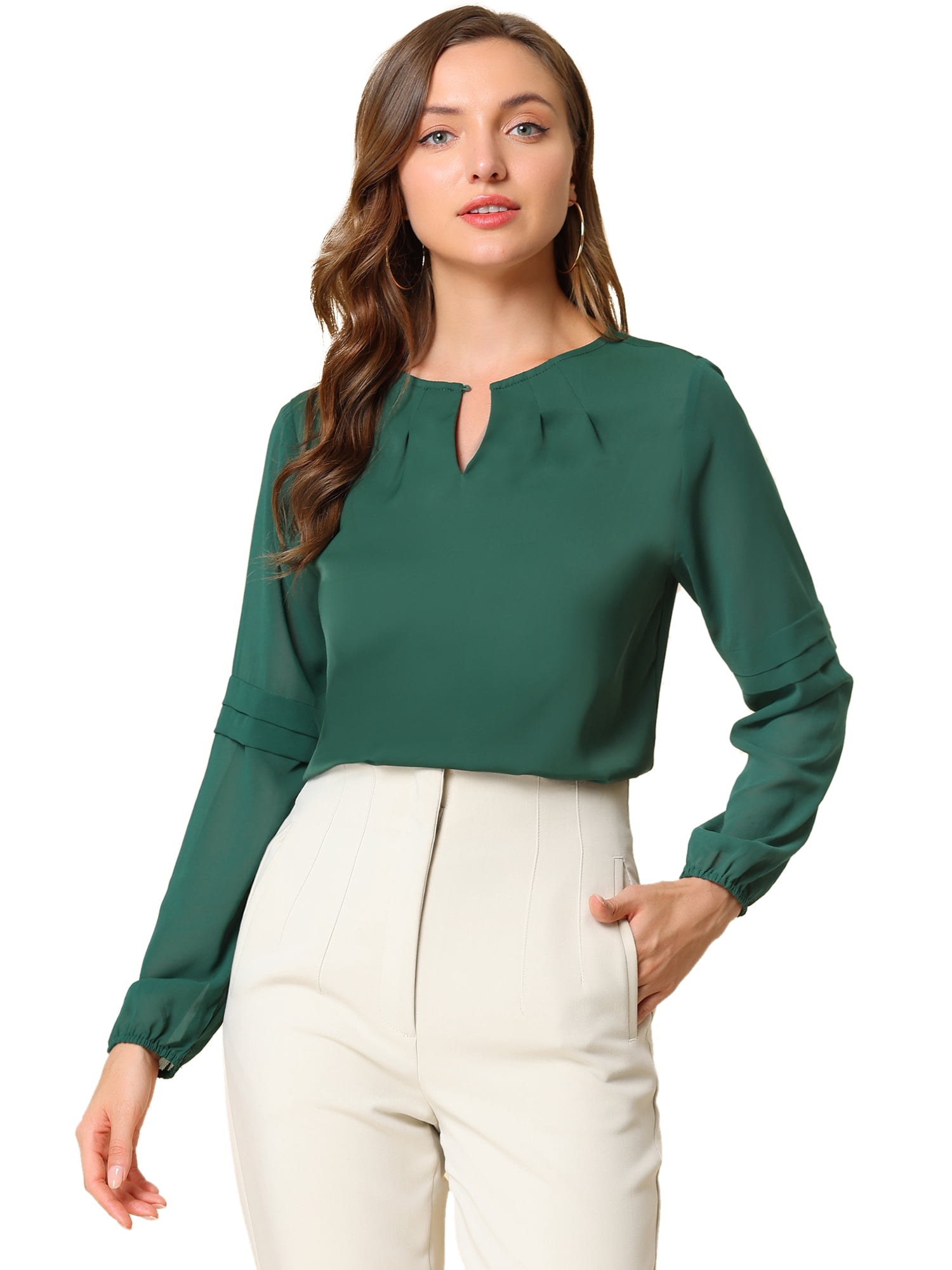 DARING DIVA Chiffon Semi Sheer Long Sleeves Keyhole Neck Blouse M Dark Green