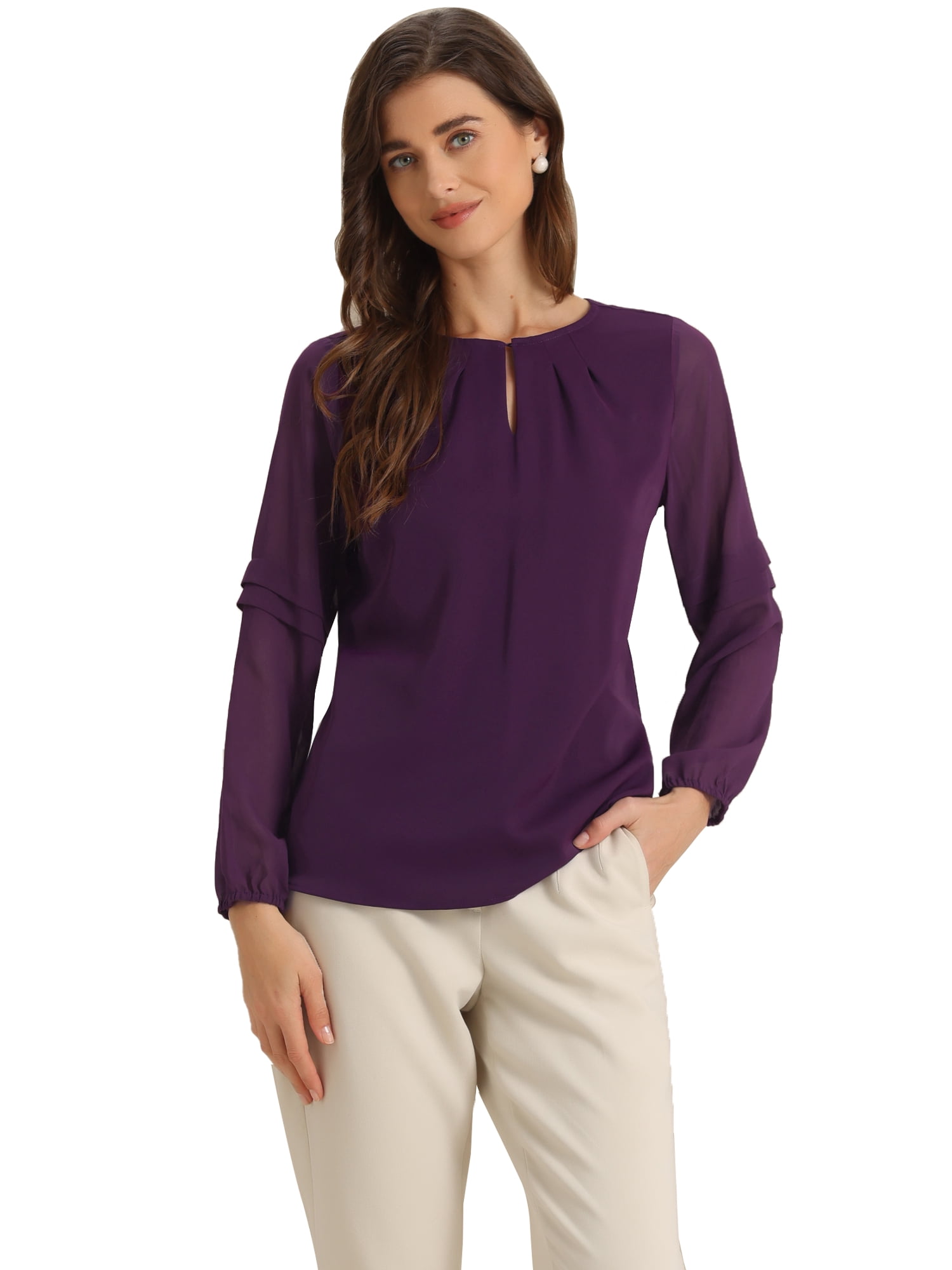DARING DIVA Chiffon Semi Sheer Long Sleeves Keyhole Neck Blouse M Deep purple