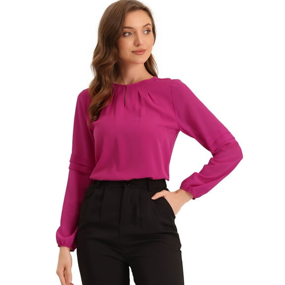 DARING DIVA Chiffon Semi Sheer Long Sleeves Keyhole Neck Blouse M Hot Pink