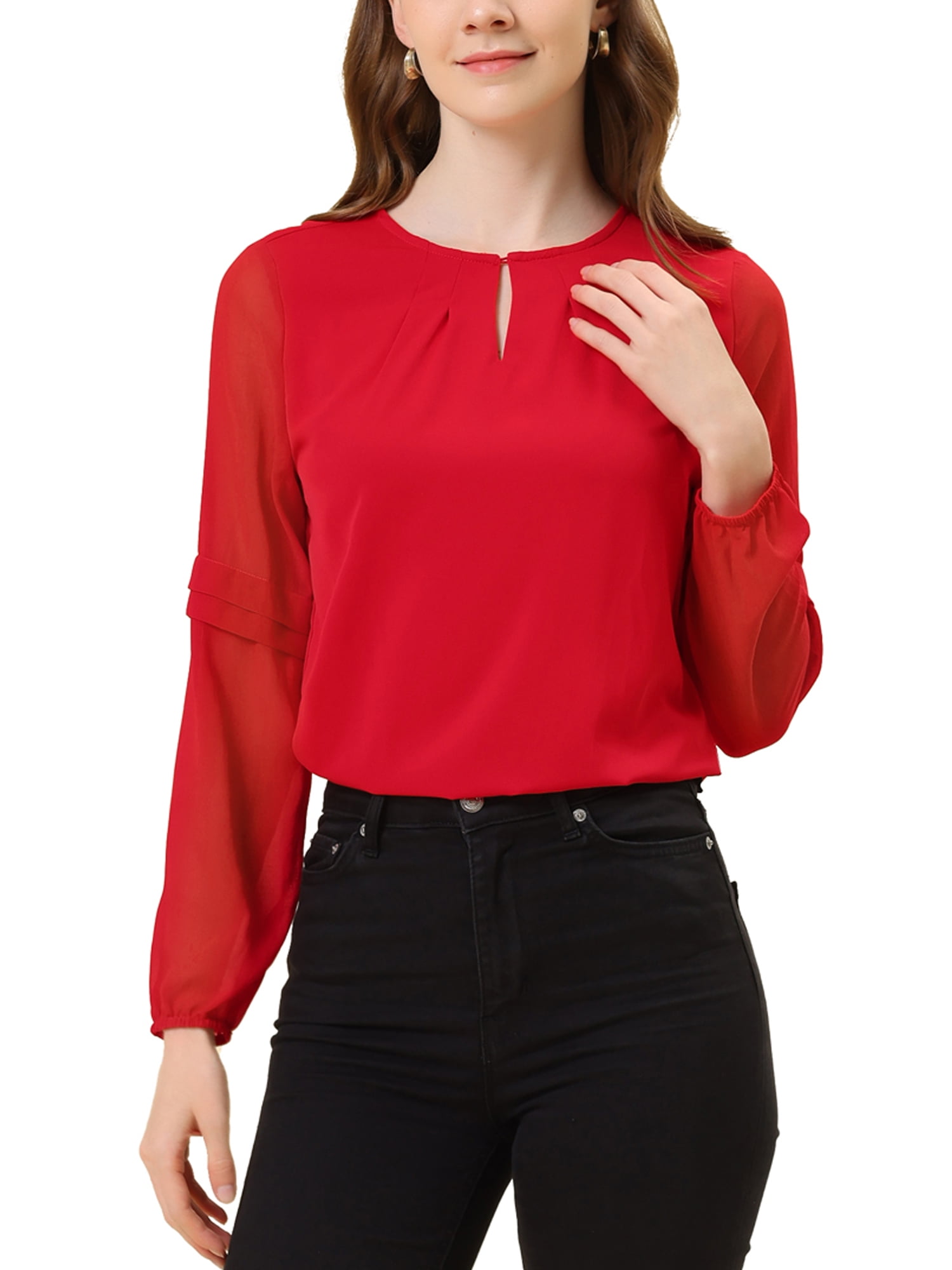 DARING DIVA Chiffon Semi Sheer Long Sleeves Keyhole Neck Blouse M Red