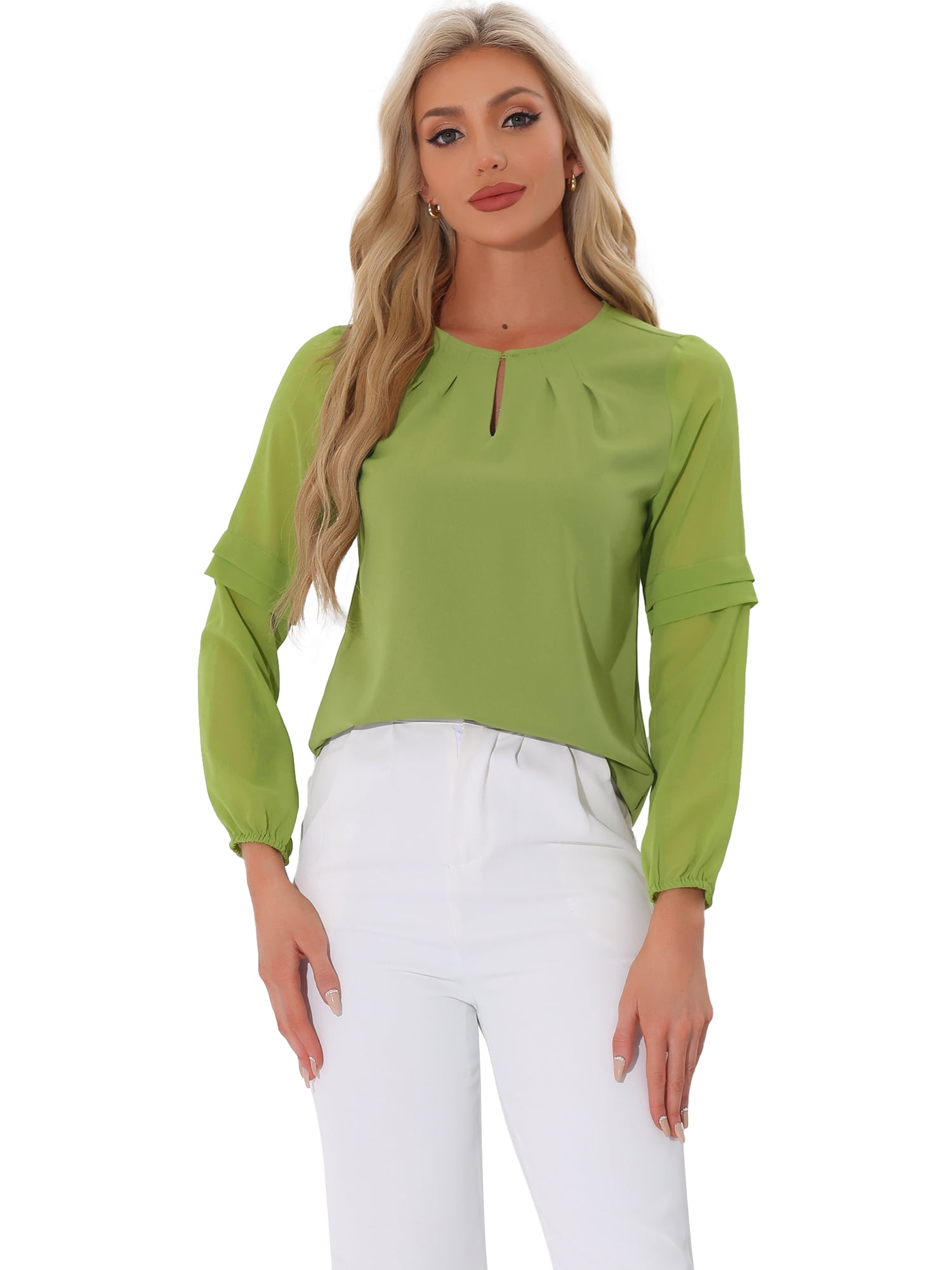 DARING DIVA Chiffon Semi Sheer Long Sleeves Keyhole Neck Blouse S Greens
