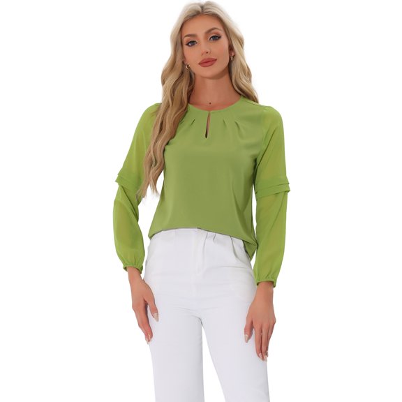 DARING DIVA Chiffon Semi Sheer Long Sleeves Keyhole Neck Blouse S Greens