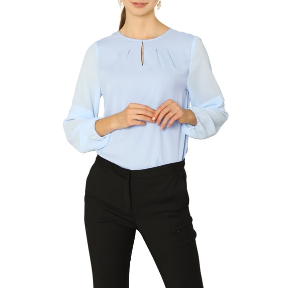 DARING DIVA Chiffon Semi Sheer Long Sleeves Keyhole Neck Blouse S Light Blue