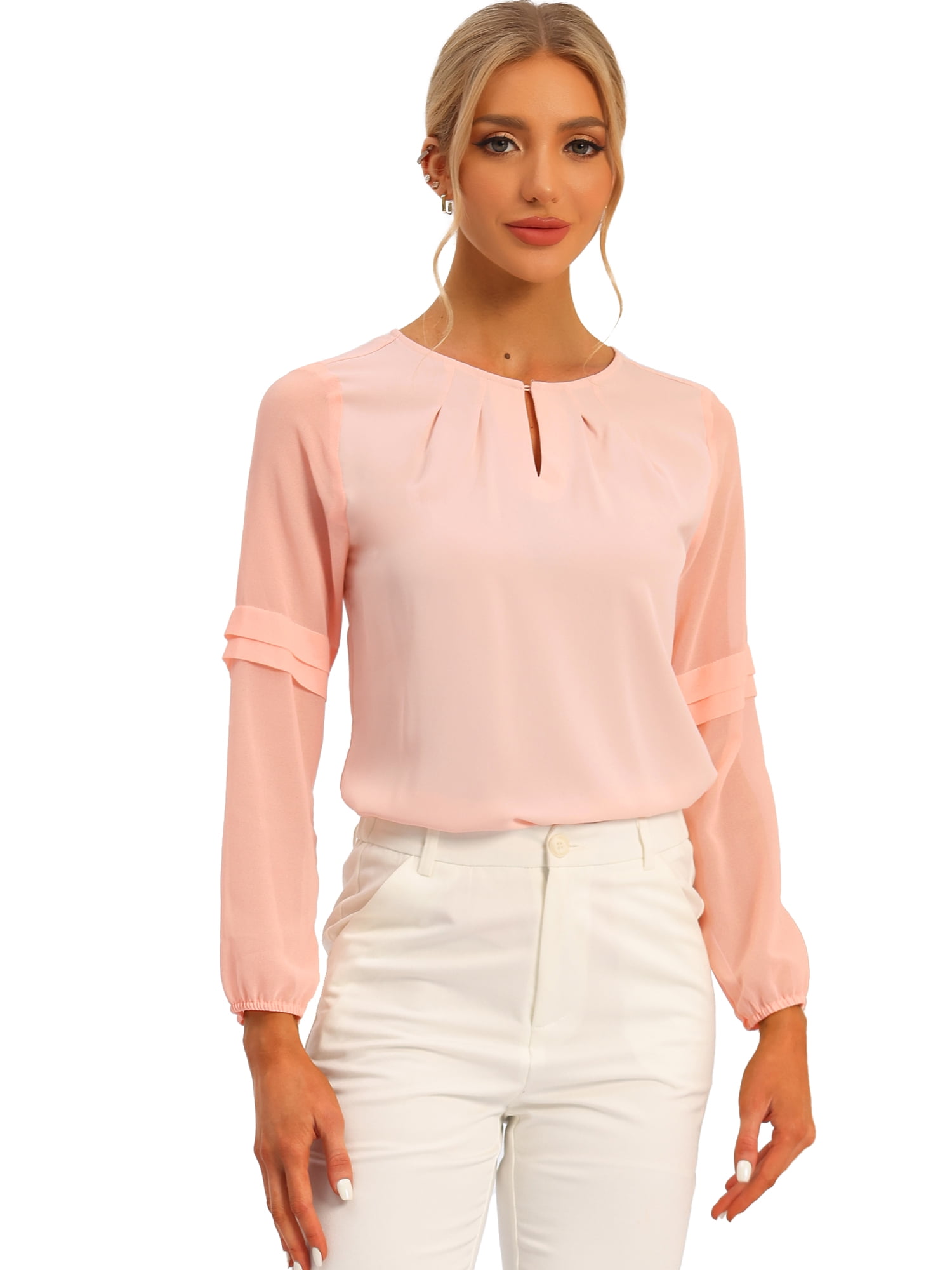 DARING DIVA Chiffon Semi Sheer Long Sleeves Keyhole Neck Blouse S Light Pink