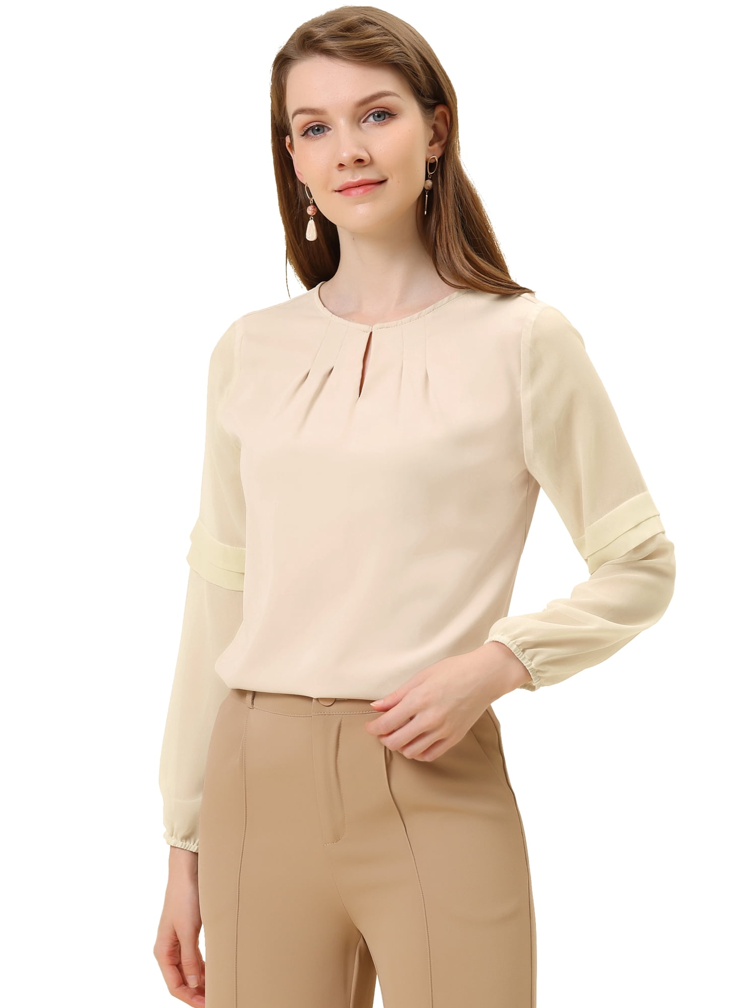 DARING DIVA Chiffon Semi Sheer Long Sleeves Keyhole Neck Blouse XL Apricot