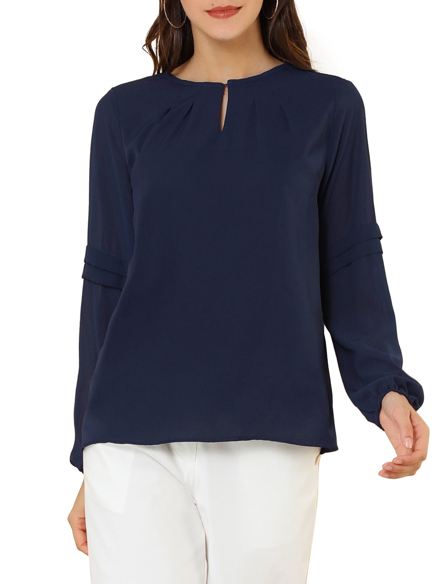 DARING DIVA Chiffon Semi Sheer Long Sleeves Keyhole Neck Blouse XL Dark Blue
