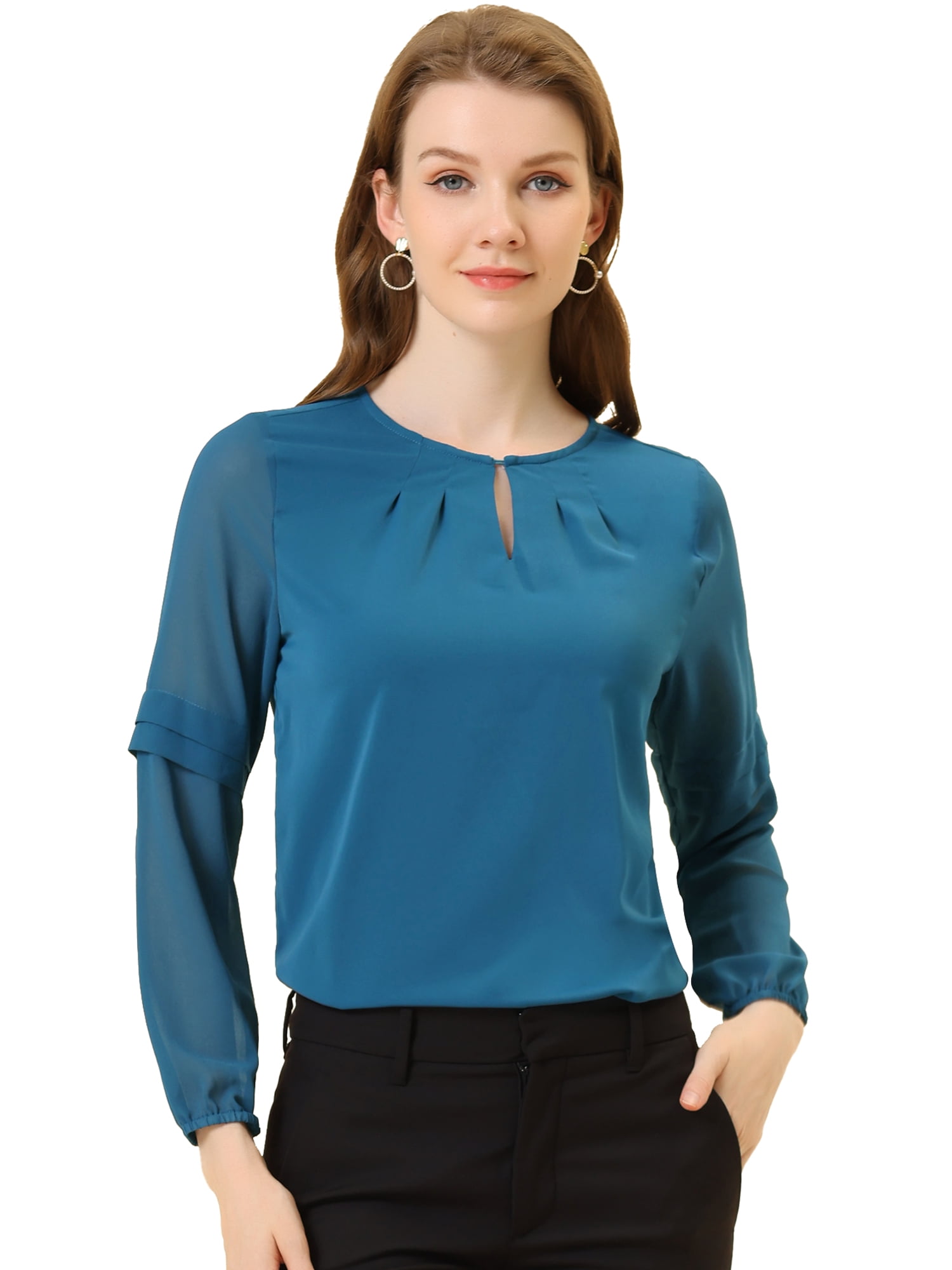 DARING DIVA Chiffon Semi Sheer Long Sleeves Keyhole Neck Blouse XL Lake Blue