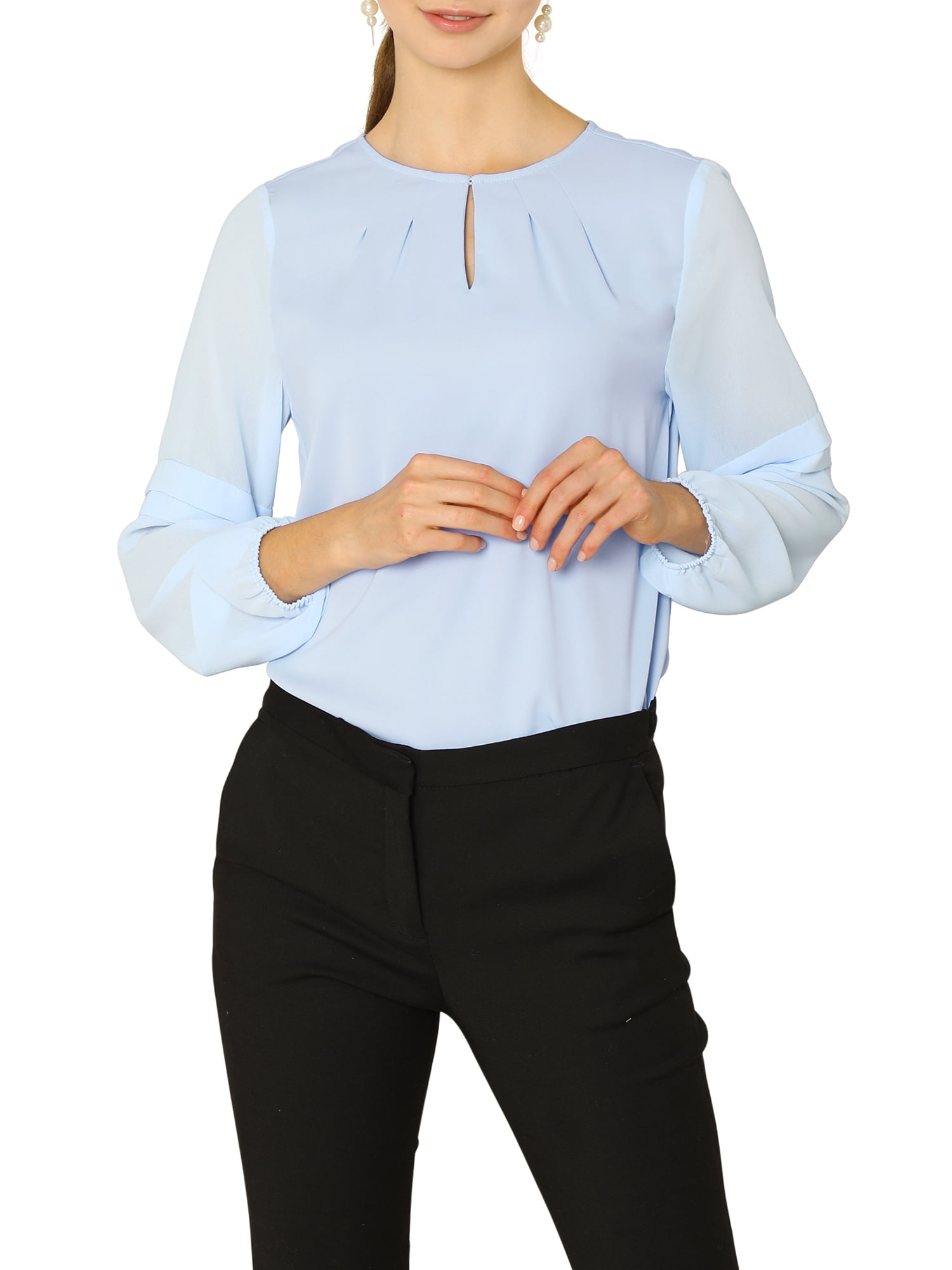 DARING DIVA Chiffon Semi Sheer Long Sleeves Keyhole Neck Blouse XL Light Blue