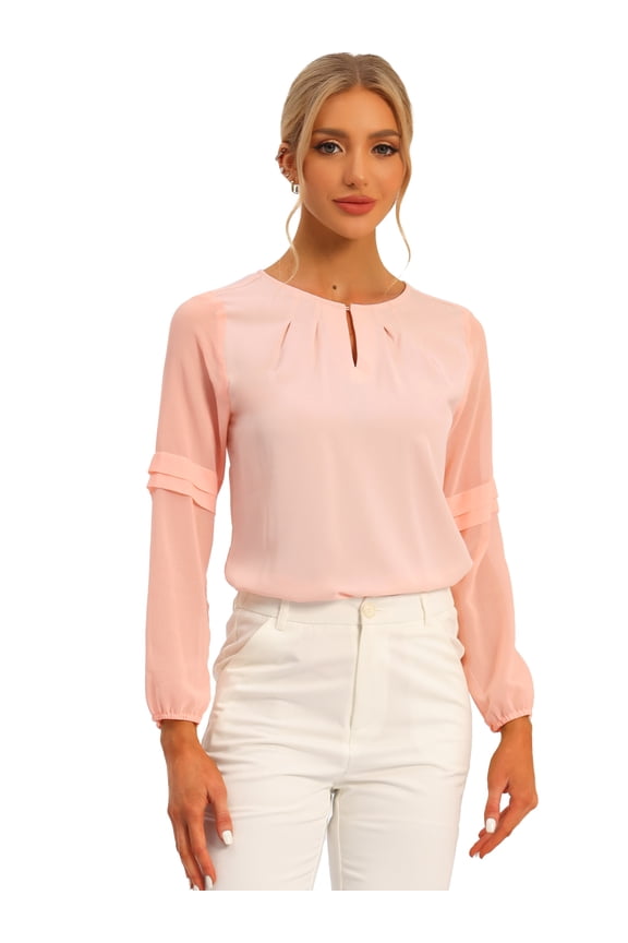 Chiffon Semi Sheer Long Sleeves Keyhole Neck Blouse XL Light Pink