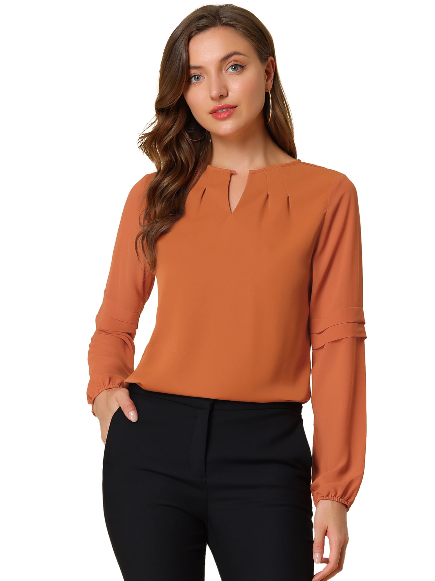 DARING DIVA Chiffon Semi Sheer Long Sleeves Keyhole Neck Blouse XL Orange