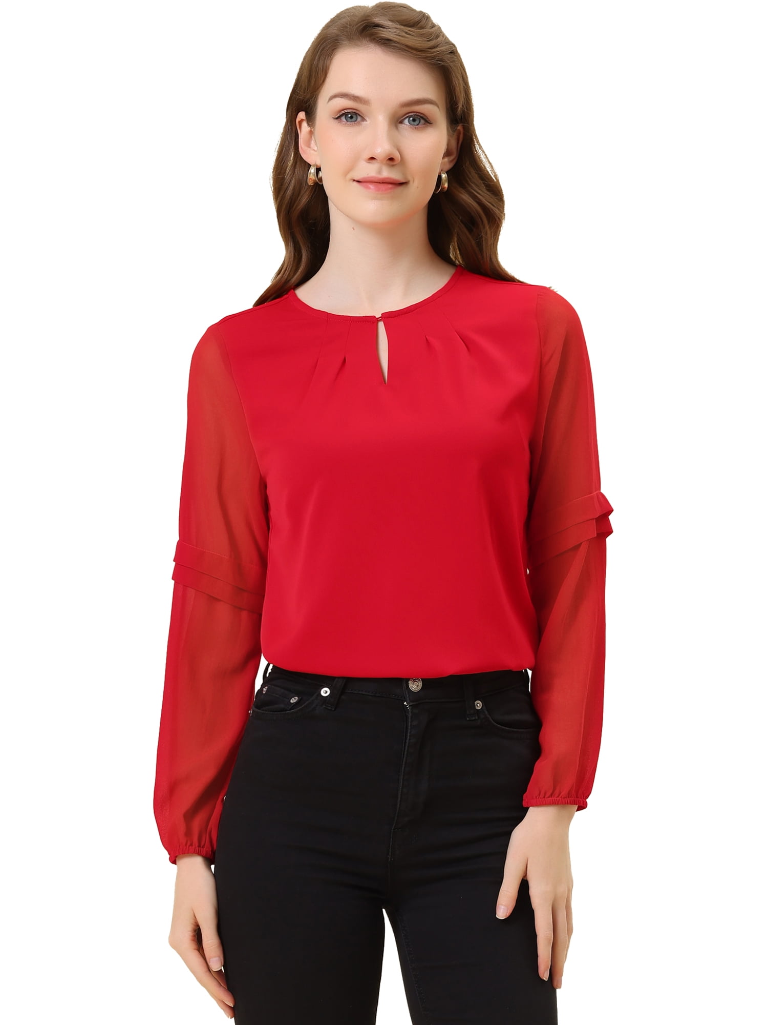DARING DIVA Chiffon Semi Sheer Long Sleeves Keyhole Neck Blouse XL Red