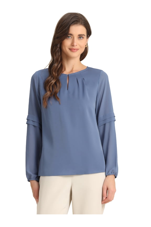 Chiffon Semi Sheer Long Sleeves Keyhole Neck Blouse XS Blue