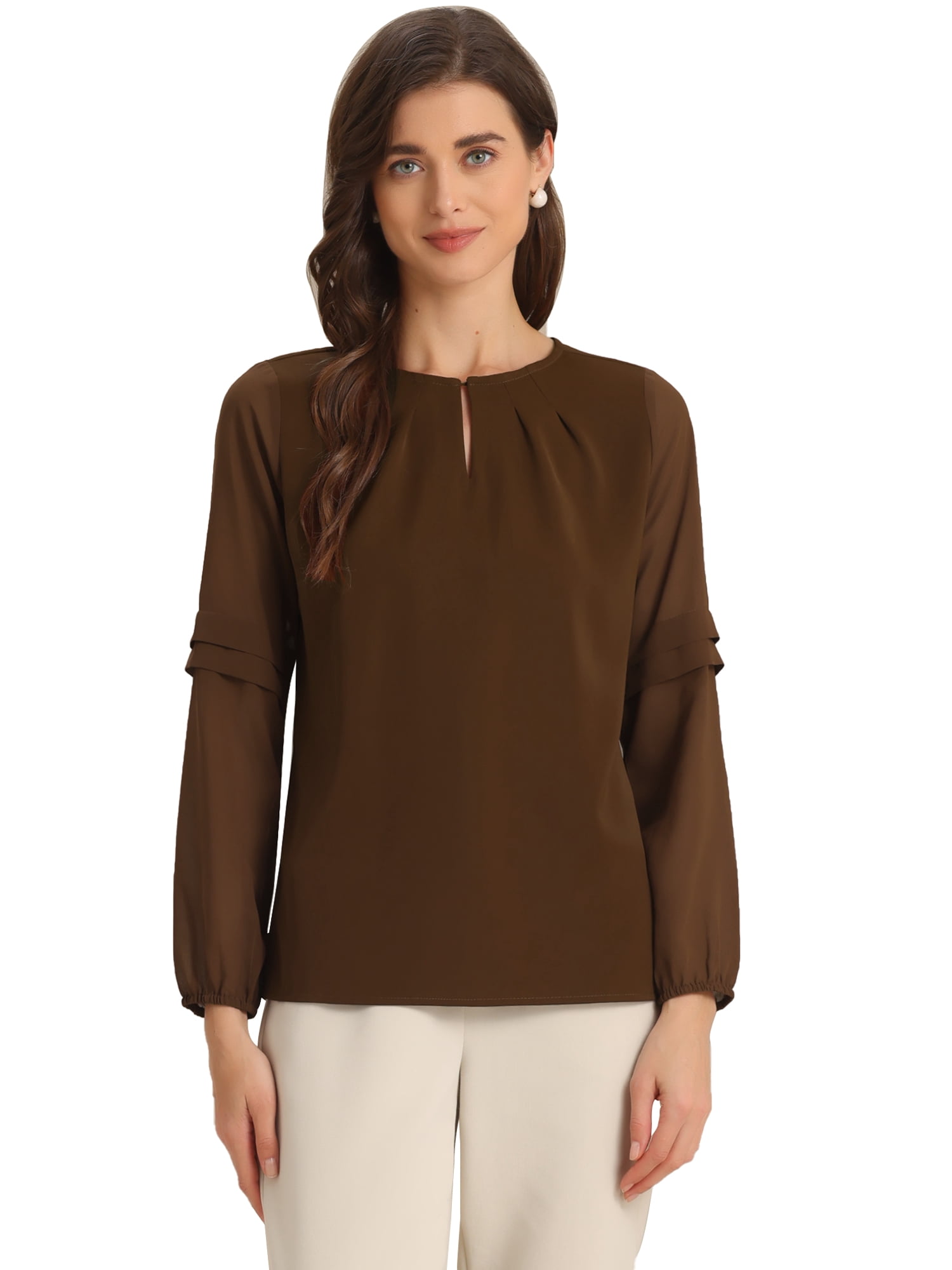 DARING DIVA Chiffon Semi Sheer Long Sleeves Keyhole Neck Blouse XS Dark Brown