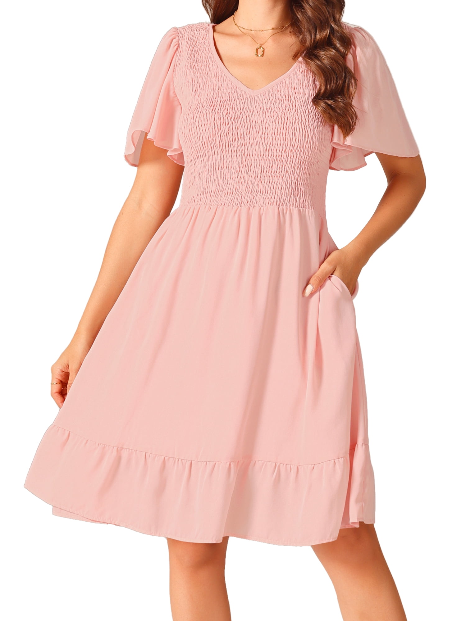 DARING DIVA Chiffon Smocked Flutter Short Sleeve Dress XL Pink