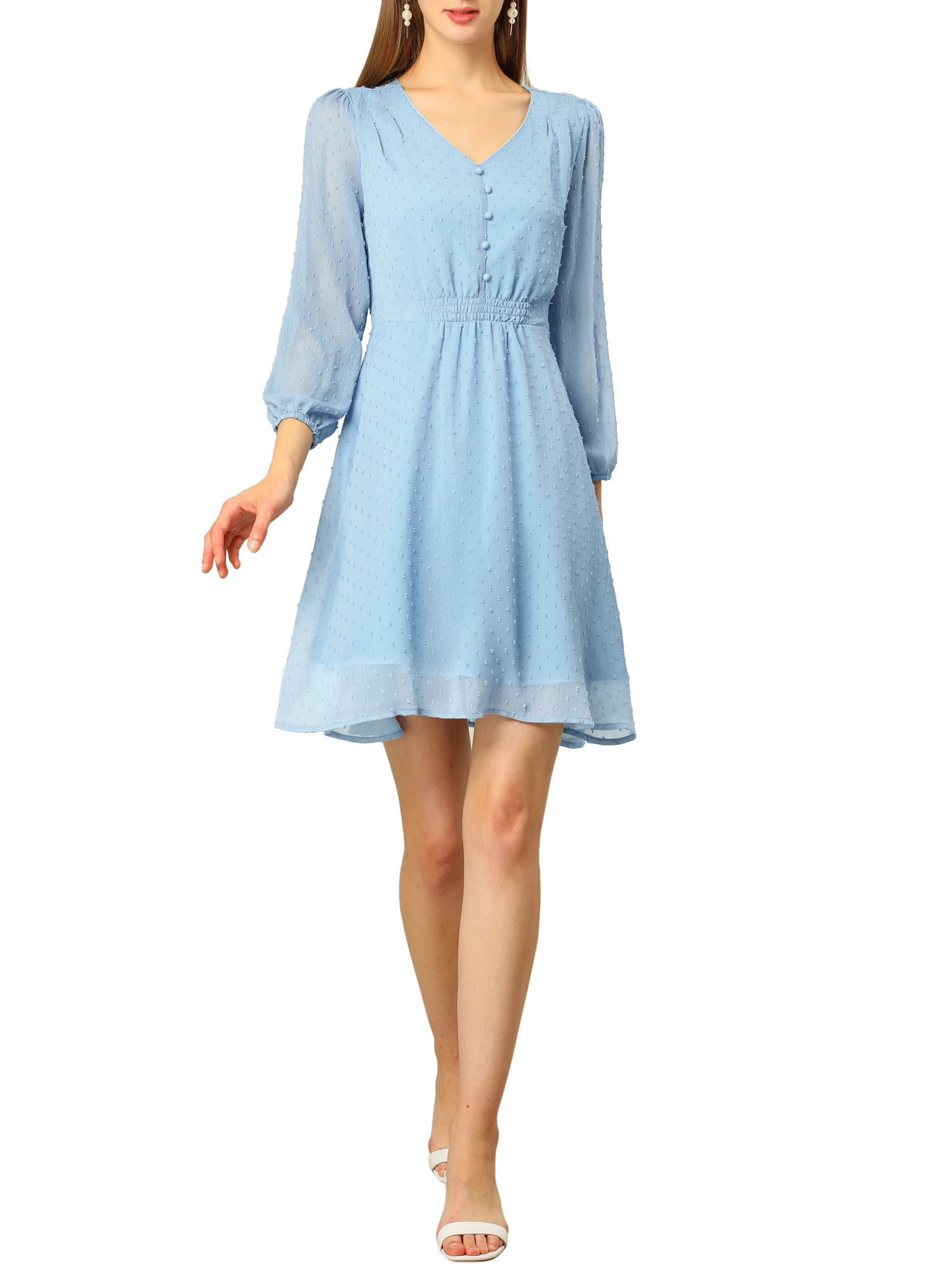 DARING DIVA Chiffon Spring V Neck 3/4 Sleeve Flowy A-line Dress S Blue
