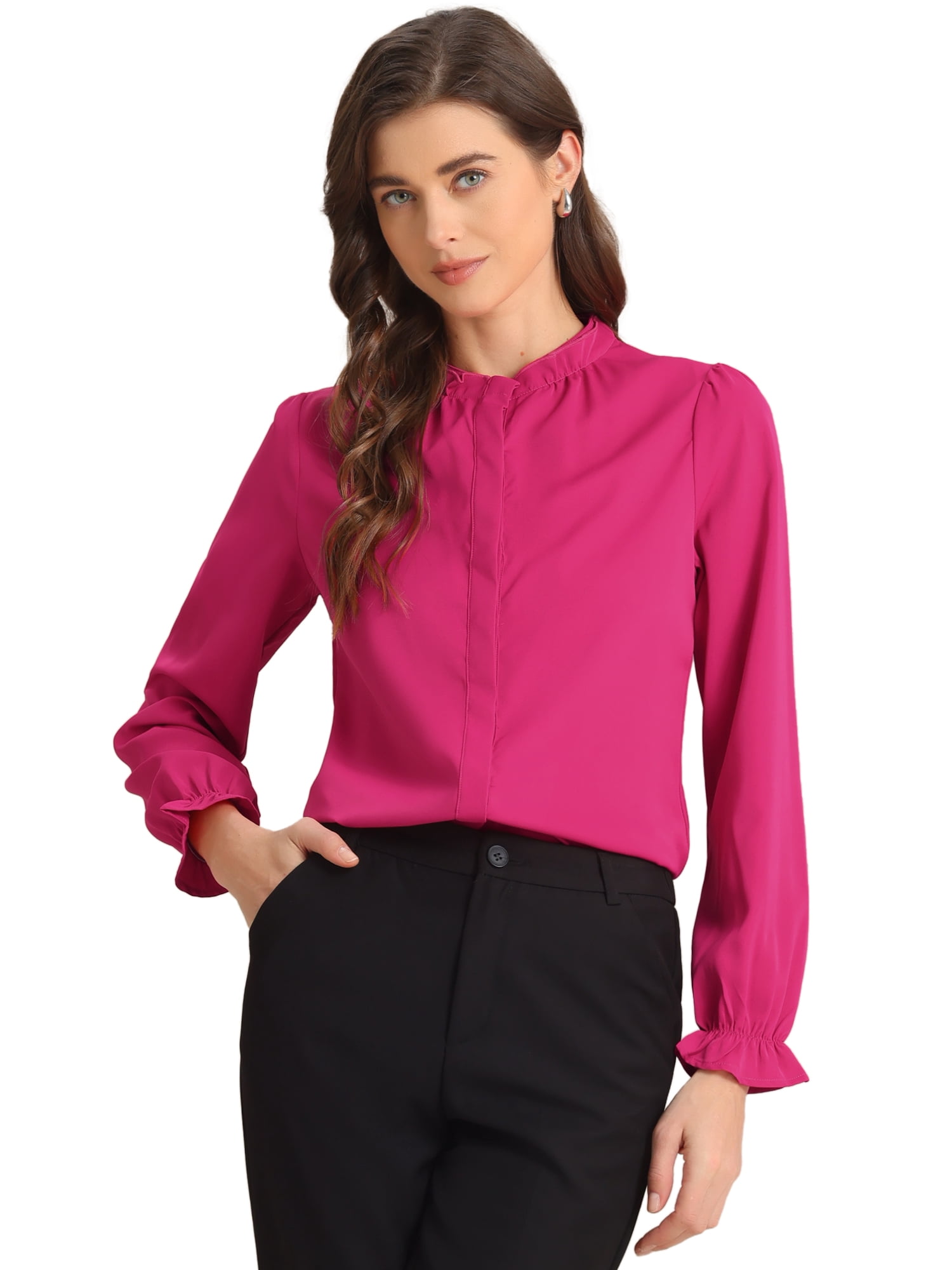 DARING DIVA Chiffon Stand Collar Ruffled Trim Blouses L Hot Pink