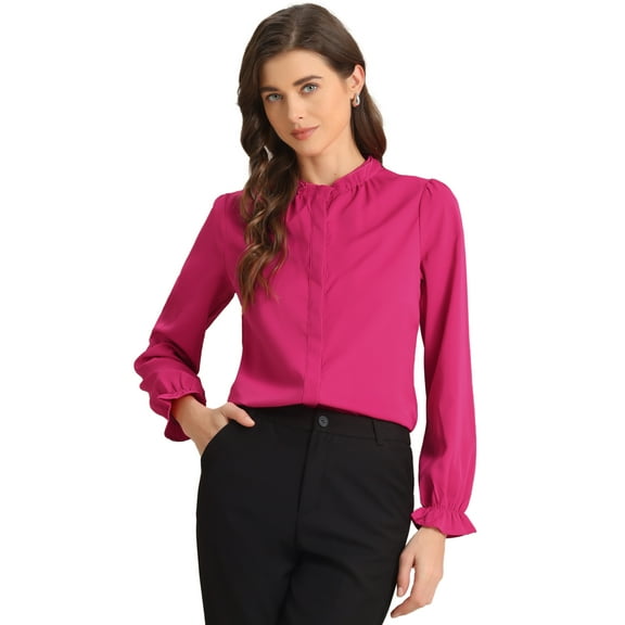DARING DIVA Chiffon Stand Collar Ruffled Trim Blouses L Hot Pink