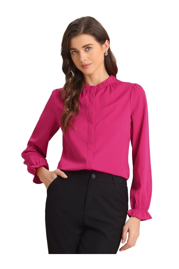 Chiffon Stand Collar Ruffled Trim Blouses XL Hot Pink