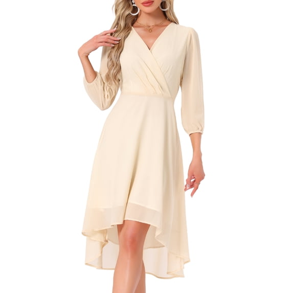 DARING DIVA Chiffon V-Neck Midi Cocktail Dress L Beige