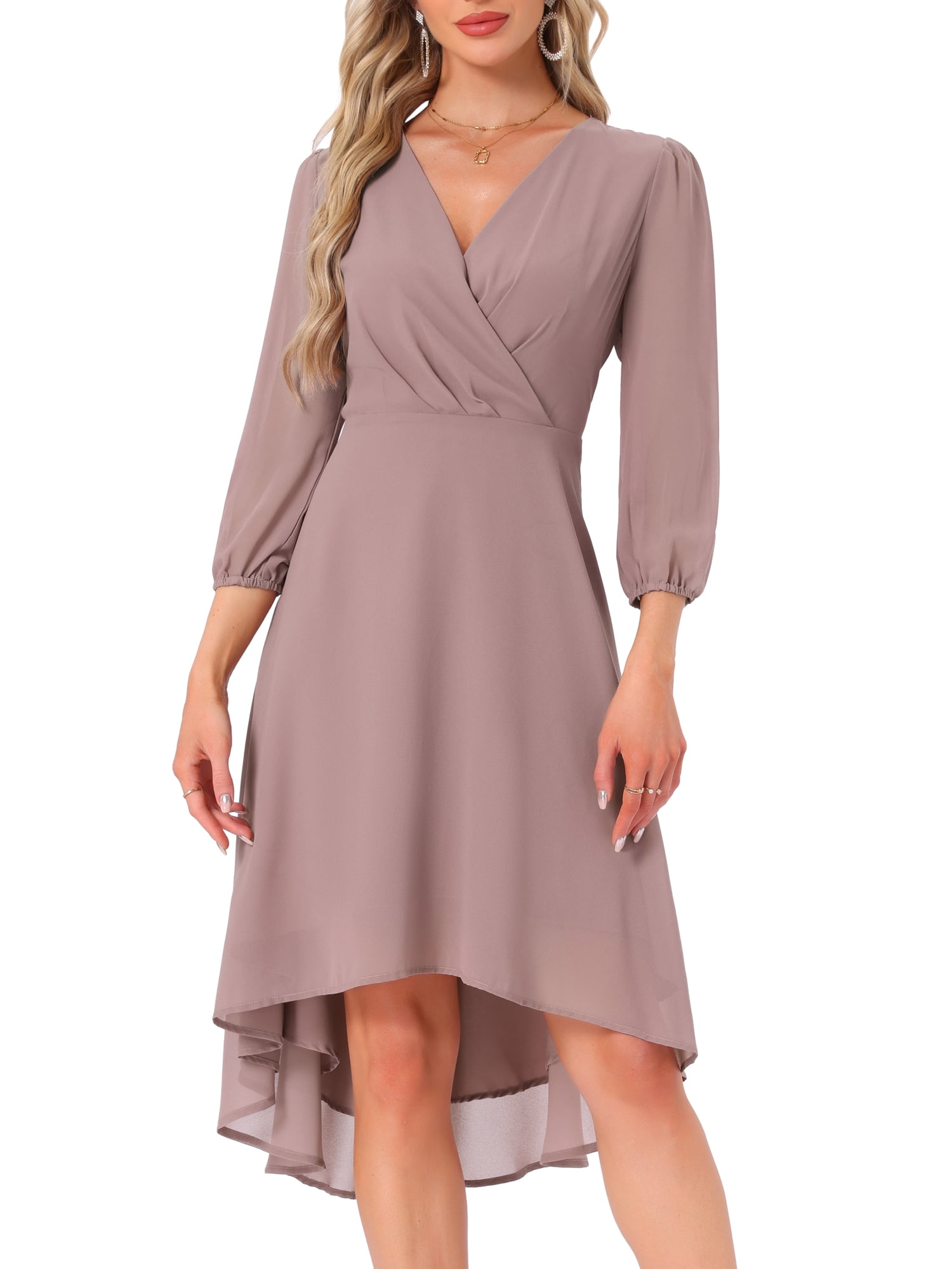 DARING DIVA Chiffon V-Neck Midi Cocktail Dress L Grey Pink