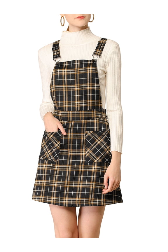 Christmas Plaids Adjustable Strap Suspender Above Knee Dress L Black-Brown