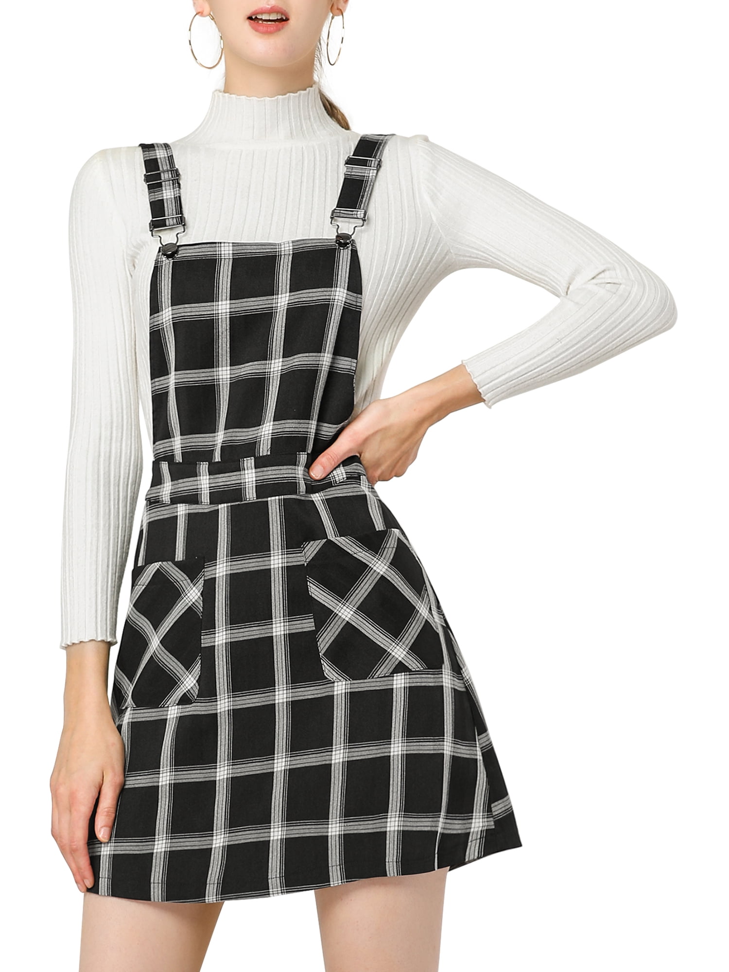 DARING DIVA Christmas Plaids Adjustable Strap Suspender Above Knee Dress S Black-White