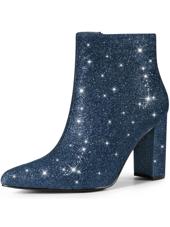 Chunky Heels Sparkly Booties Navy Blue Ankle Boots