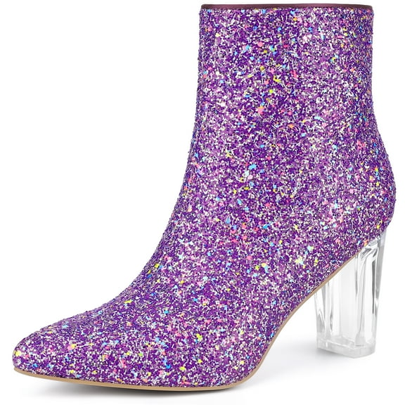 DARING DIVA Clear Block Heel Glitter Prom Ankle Booties Purple 9.5