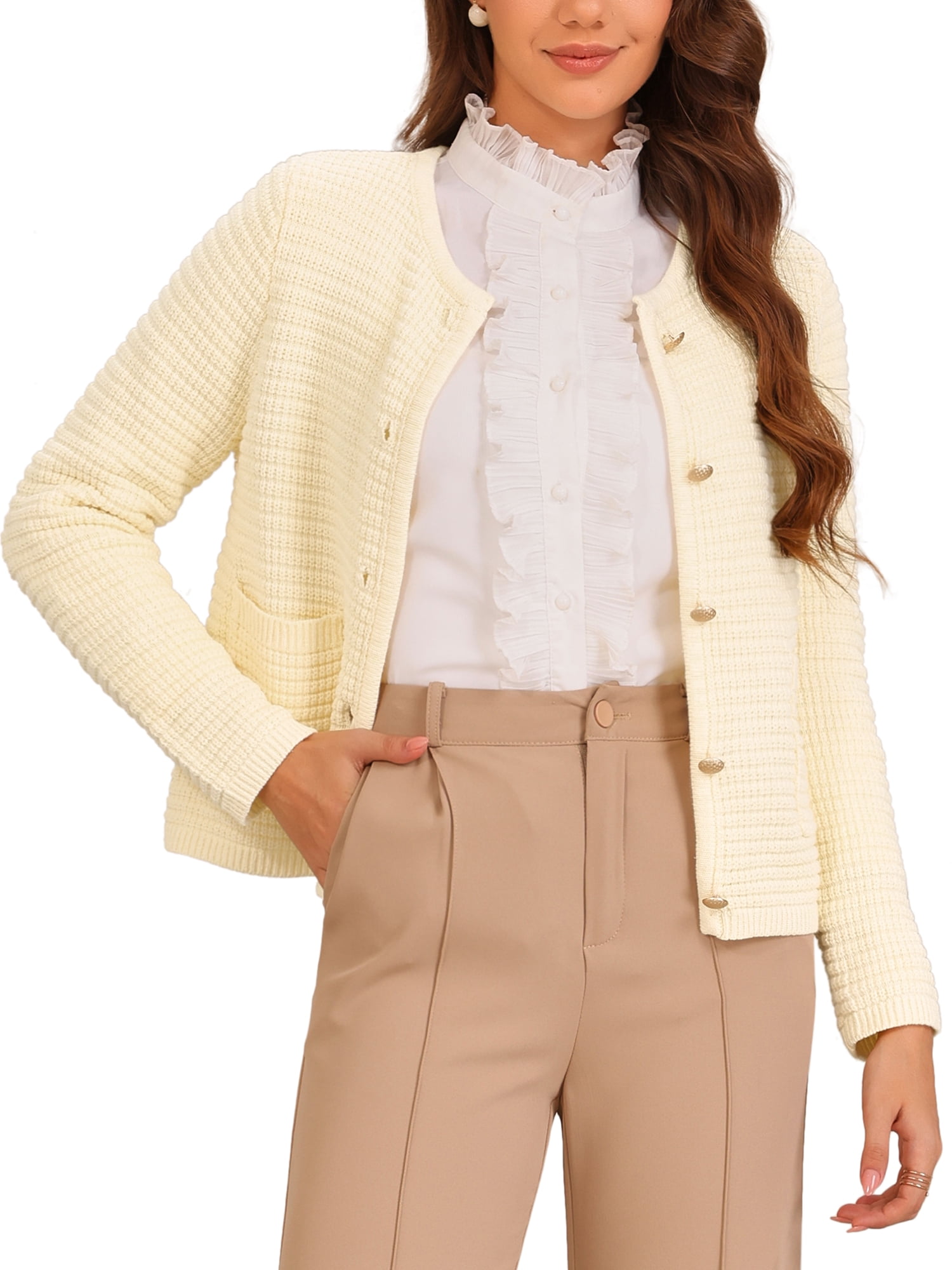 DARING DIVA Coats Waffle Knit Open Front Cardigan Button Up Sweater XS Cream