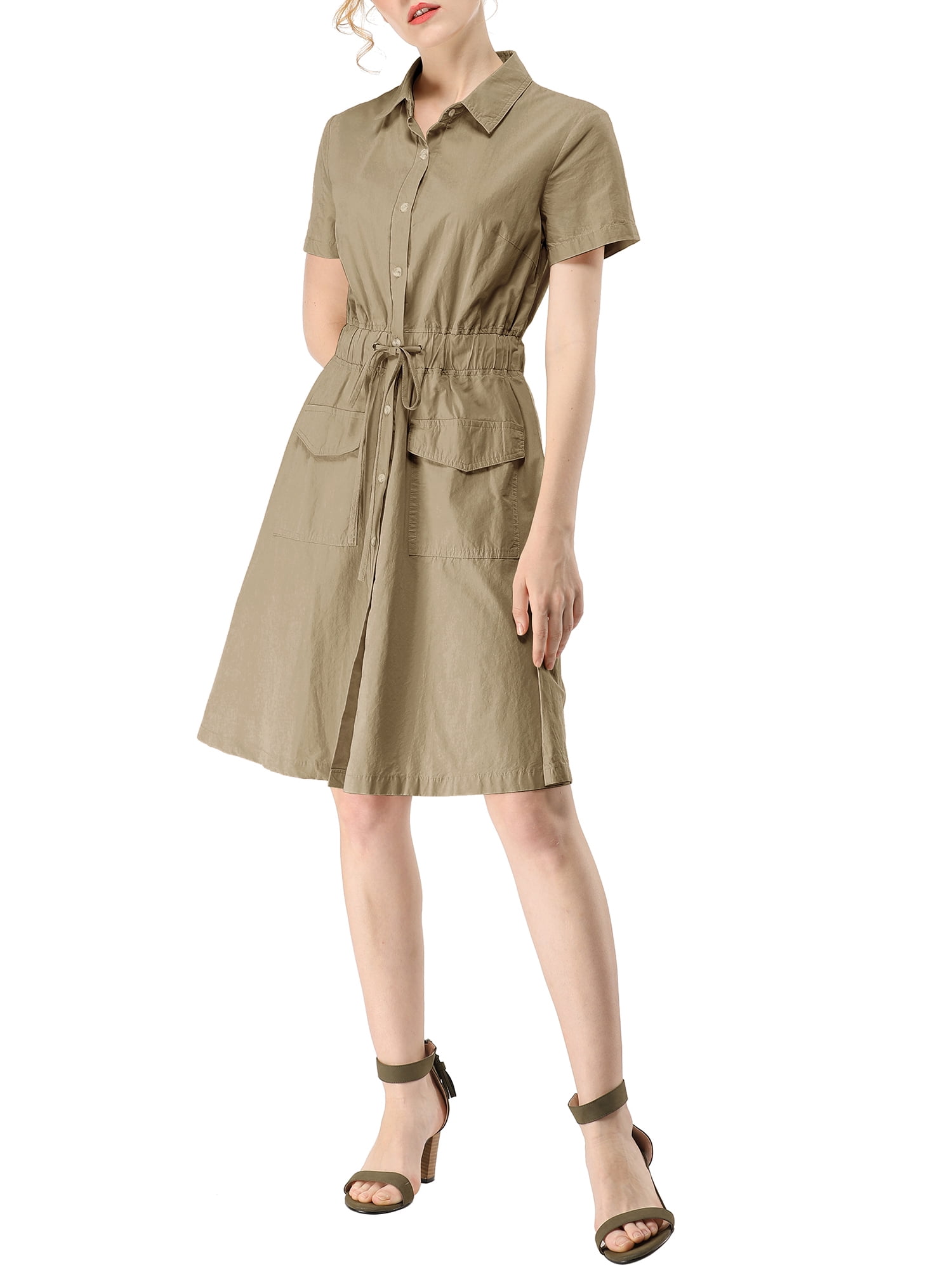 DARING DIVA Collar Elastic Waist Above Knee Dress with Pocket L Dark Khaki
