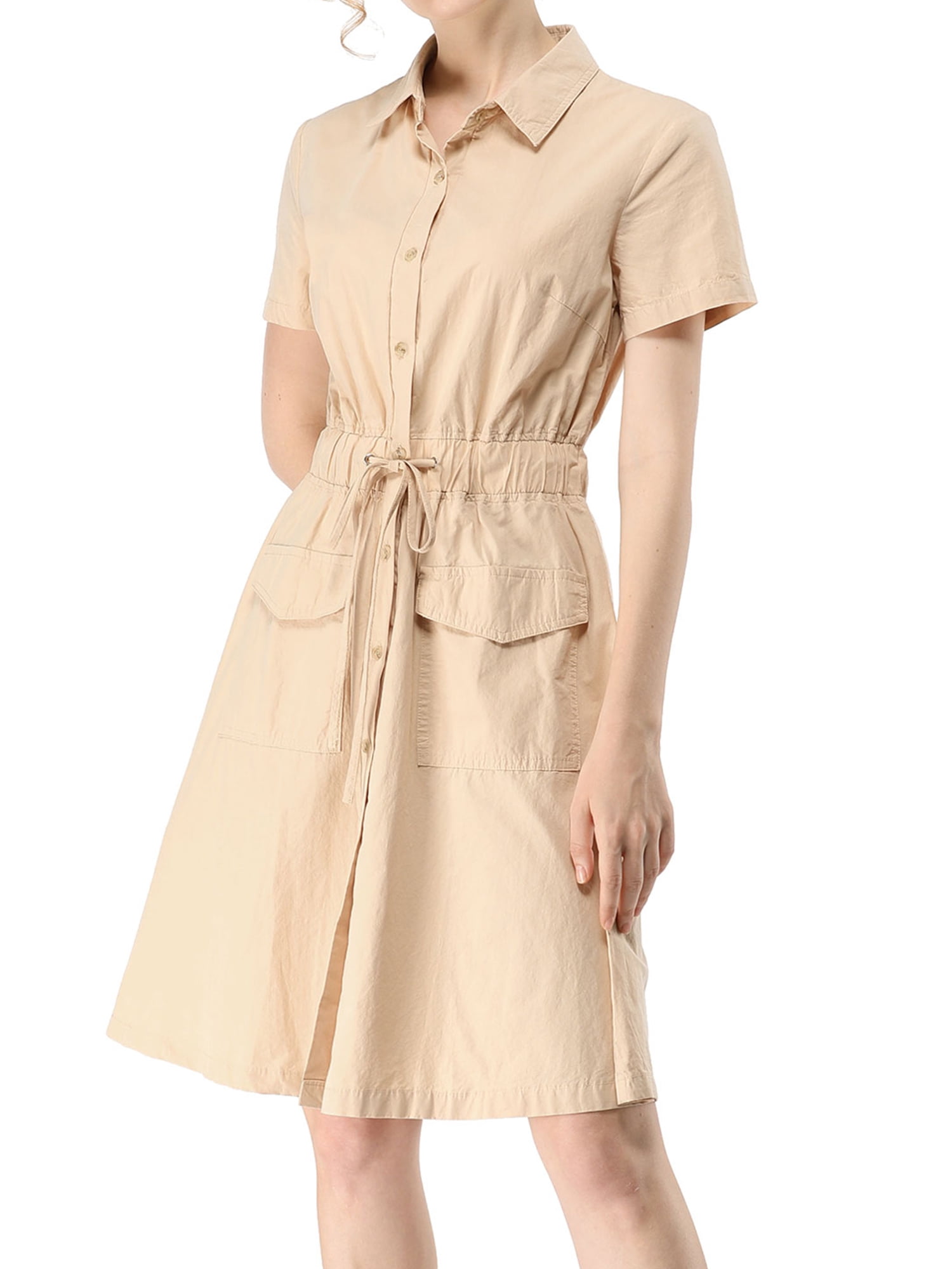 DARING DIVA Collar Elastic Waist Above Knee Dress with Pocket M Beige