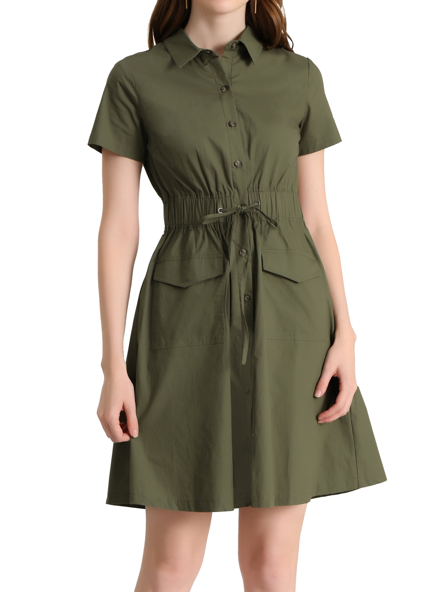 DARING DIVA Collar Elastic Waist Above Knee Dress with Pocket M Gray Green