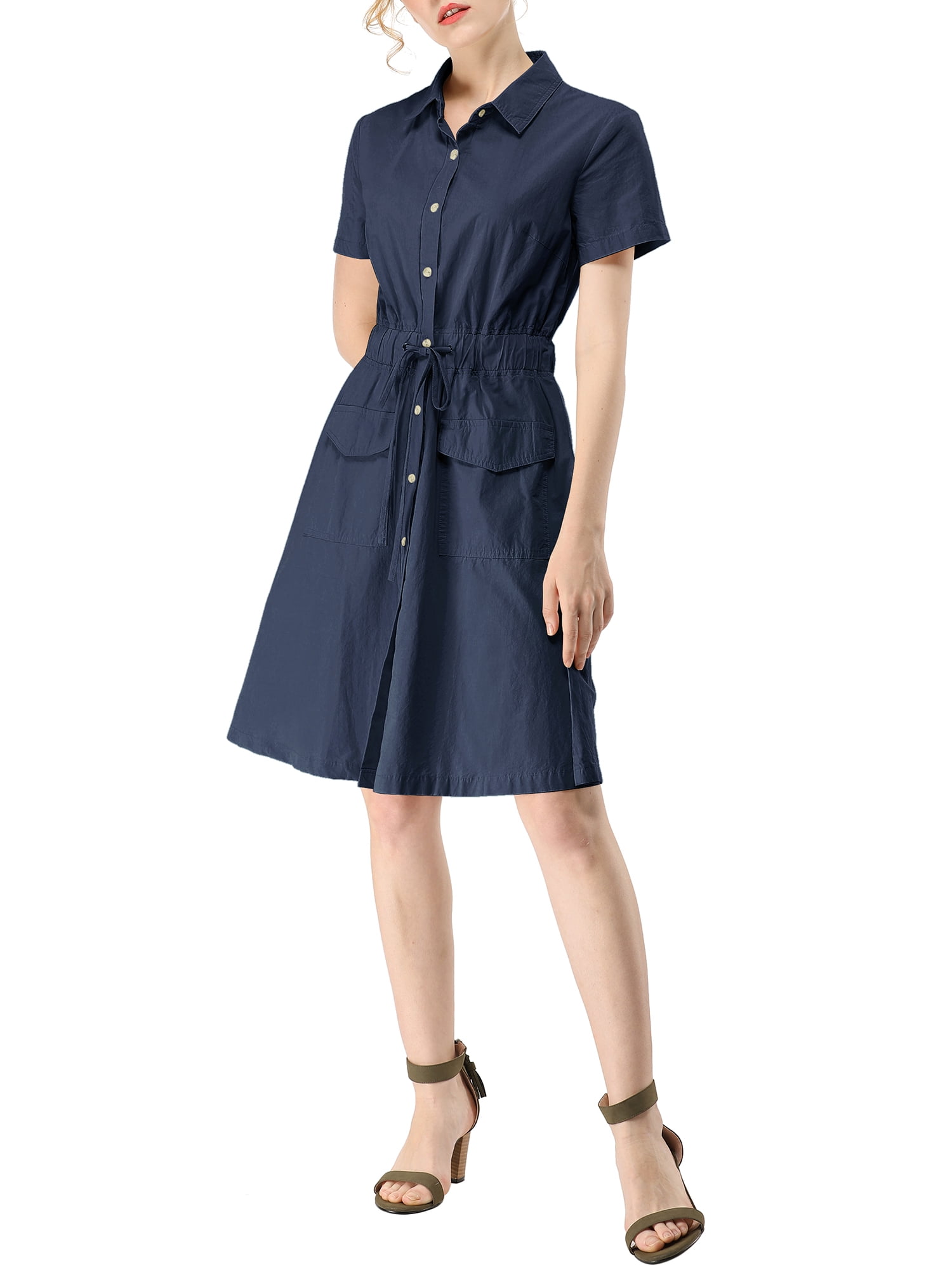 DARING DIVA Collar Elastic Waist Above Knee Dress with Pocket XL Blue