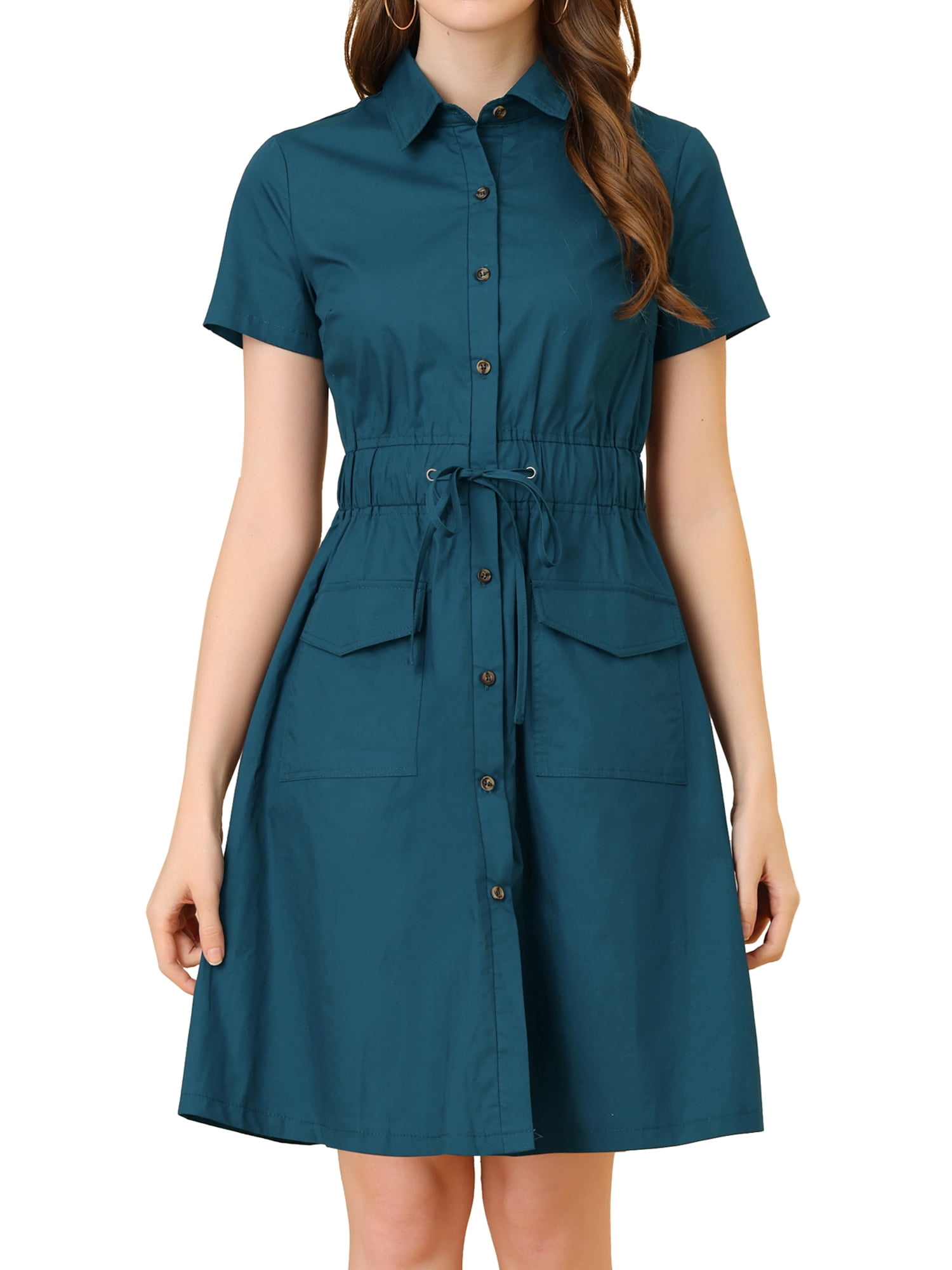DARING DIVA Collar Elastic Waist Above Knee Dress with Pocket XL Navy Blue
