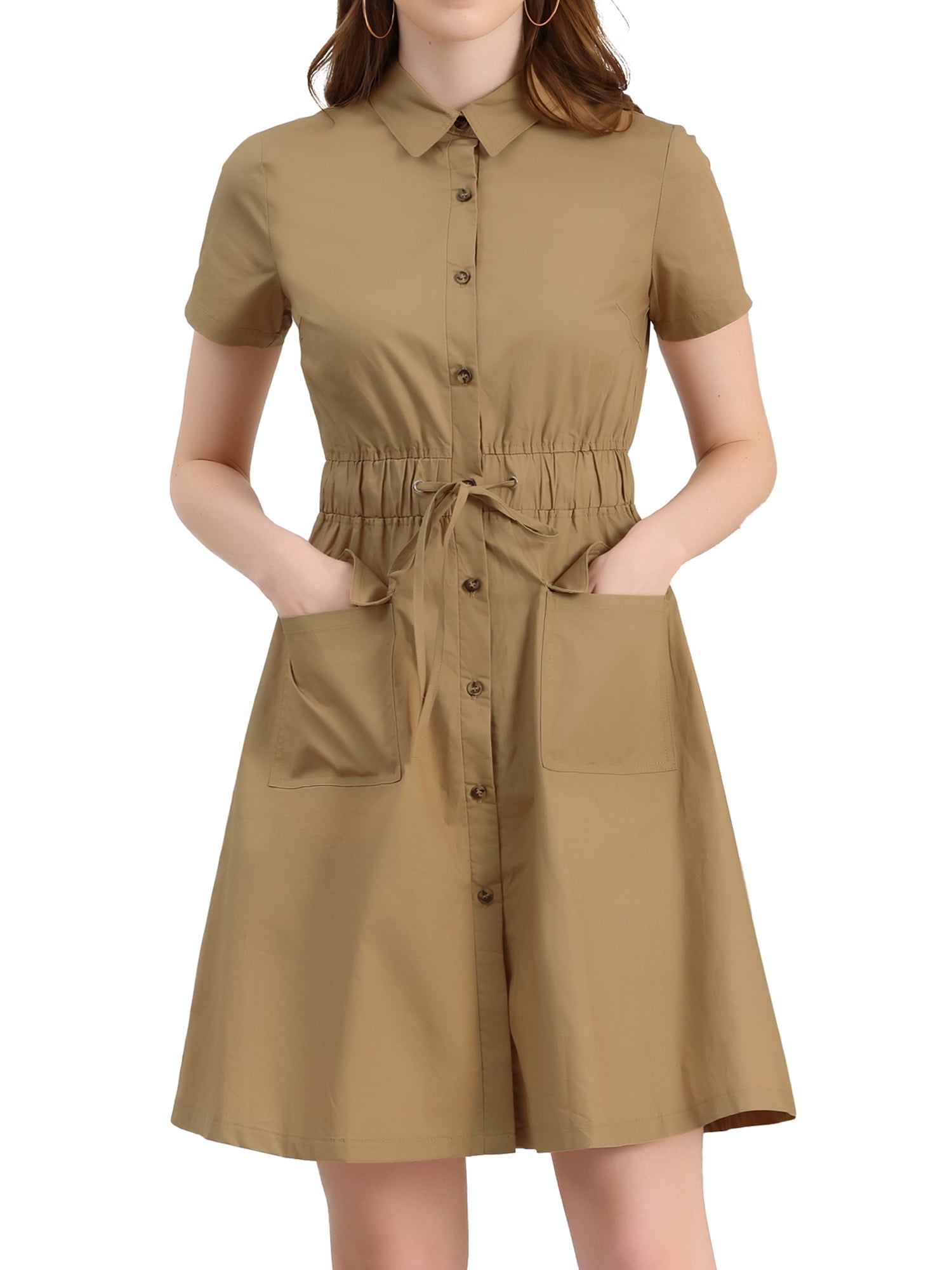 DARING DIVA Collar Elastic Waist Above Knee Dress with Pocket XS Khaki